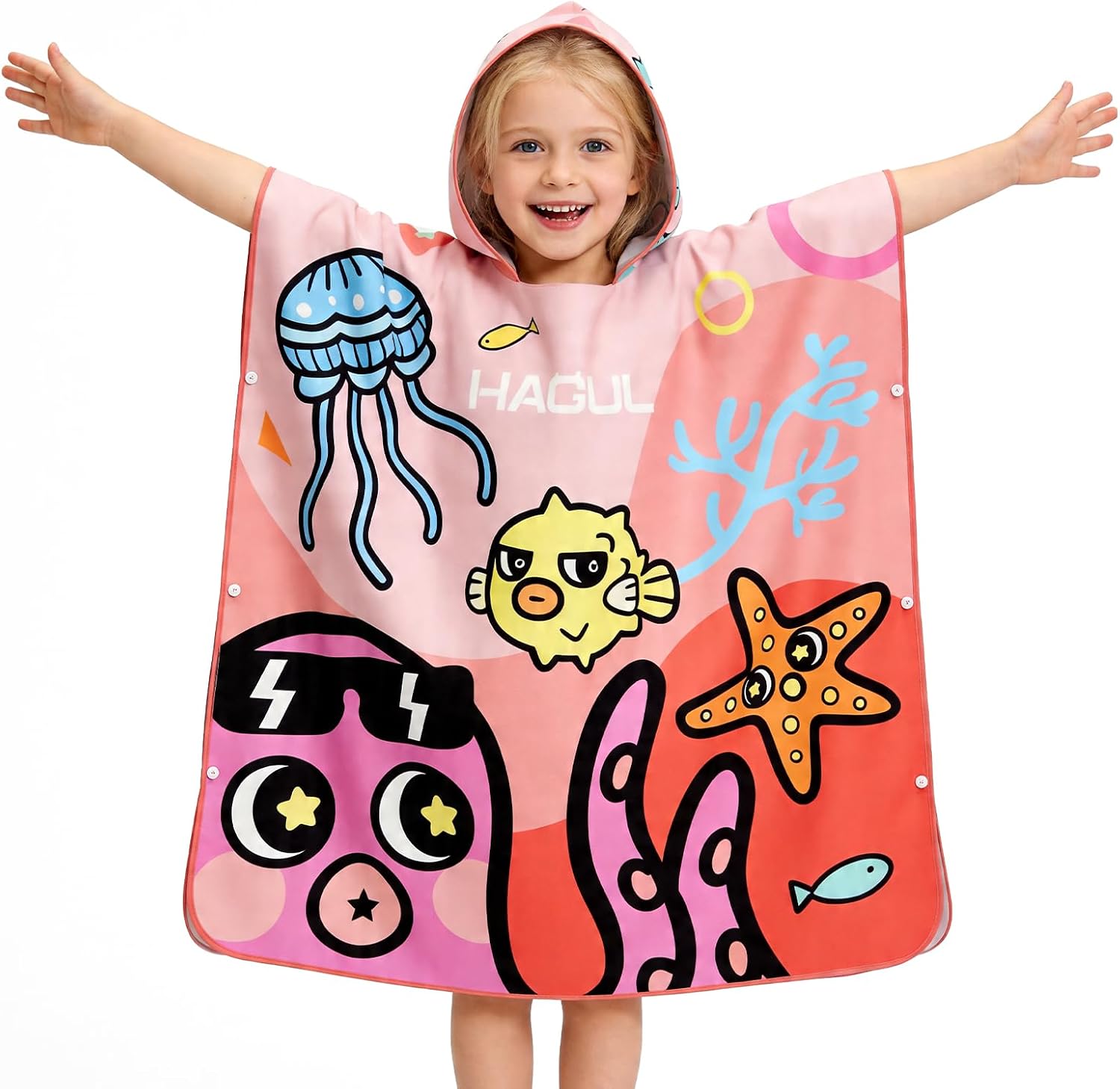 Kids Hooded Beach Poncho, 66×70cm, Soft & Quick-Dry with Fun Ocean Prints, Lightweight Swim Towel for Pool, Beach & Water Park (Ages5–9) (Pink, Small)