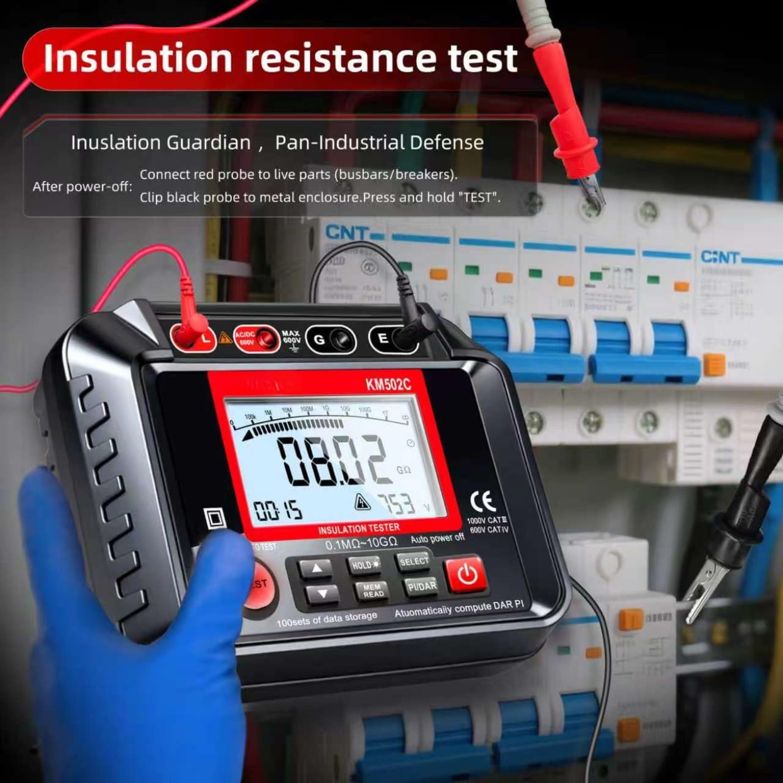 KM502C Digitaler Isolationswiderstandsprüfer, 10 GΩ Megohmmeter, mit automatischer PI/DAR-Berechnung, 100 Datenspeicher, 0,1 MΩ-10 GΩ Bereich für elektrische Wartung