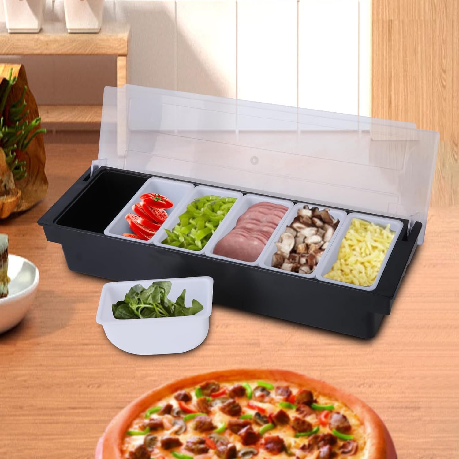 Qcwwy Station de Garnitures de Pizza, Boîte D'assaisonnement Détachable et Réutilisable pour Ingrédients de Pizza, Distributeur de Condiments pour la Maison ou le Restaurant(6 compartiments)