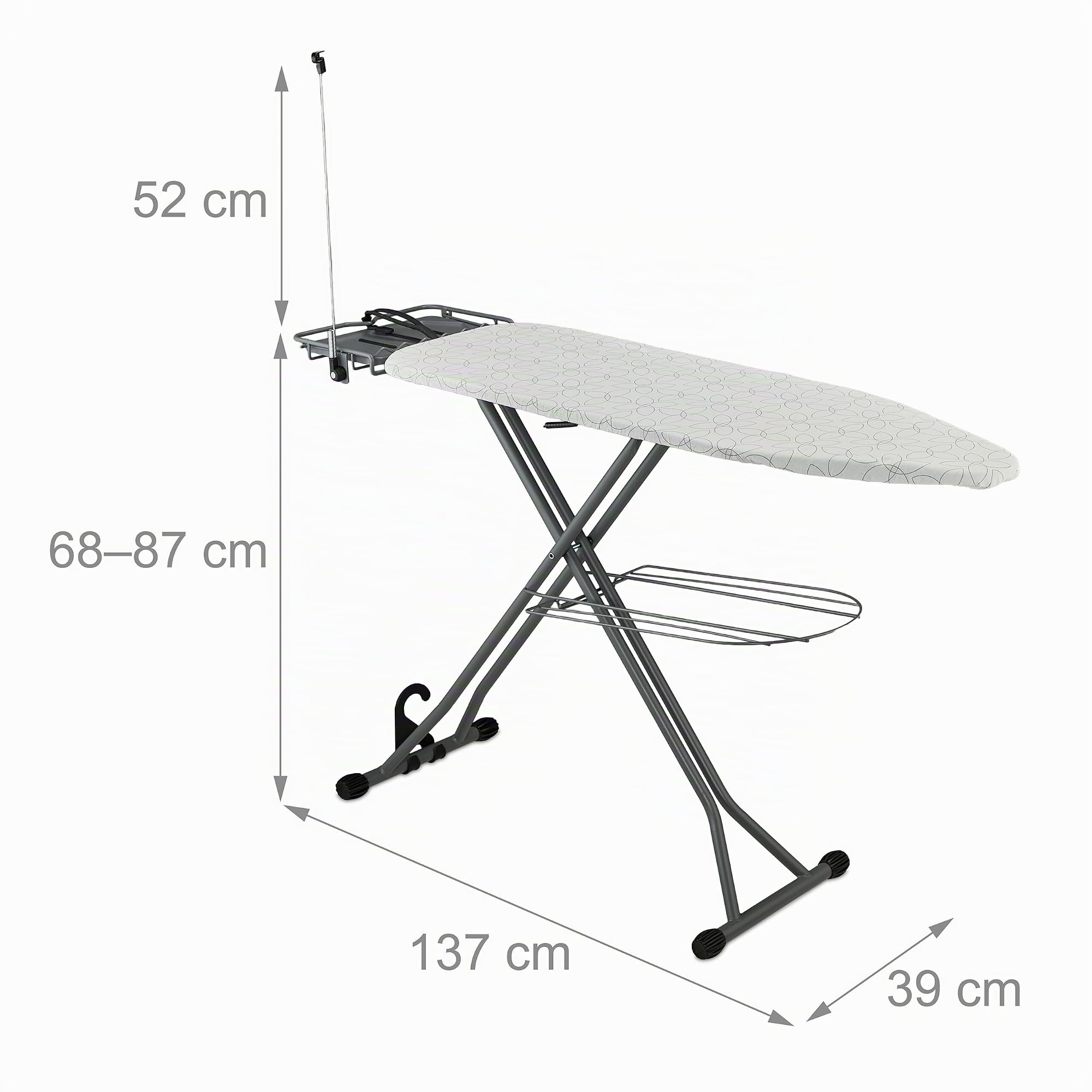 Relaxdays Bügelbrett für Dampfbügeleisen, 115 x 39 cm, höhenverstellbar, klappbar, Bügelstation & Ablage, weiß/Silber