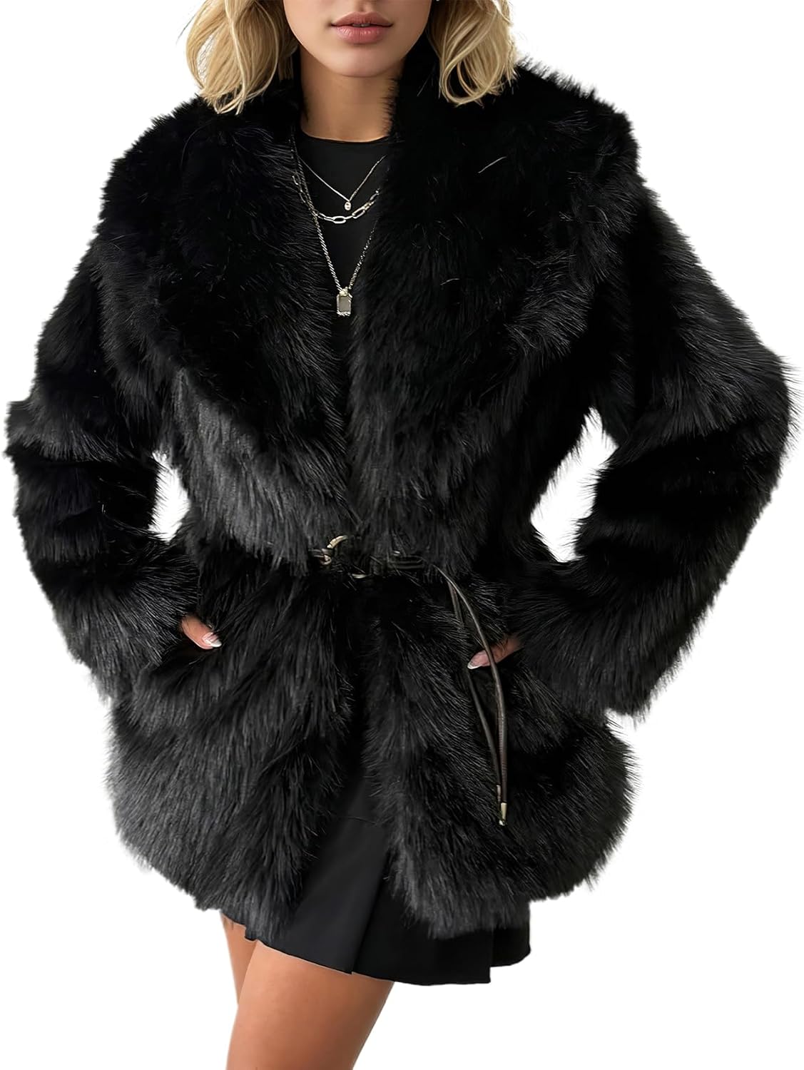 PEHMEA Women's Mid-Length Faux Fur Coats Winter Warm Fuzzy Jackets Lapel Fashion Luxury Fluffy Shaggy Parka Coat