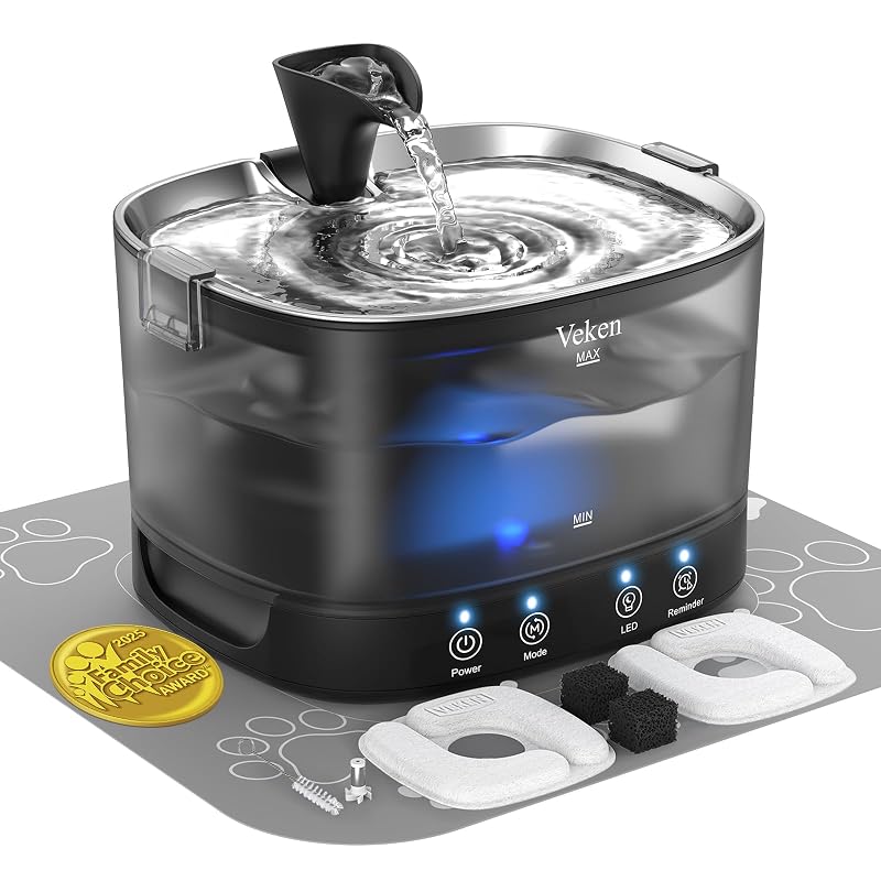 Fonte de água sem fio para gatos e cães Veken D1 Pro Black Silver com sensor de movimento e 2 filtros, 2,5 L
