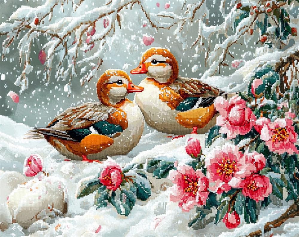 Henypt 11Ct Cross Stitch, Cute Mandarin Ducks and Flowers in The Snow 11 Count Counted Stamped Pre Printed Cross Stitch Embroidery Kits for Adults Beginners Starter Advanced Easy Crossstitch Patter