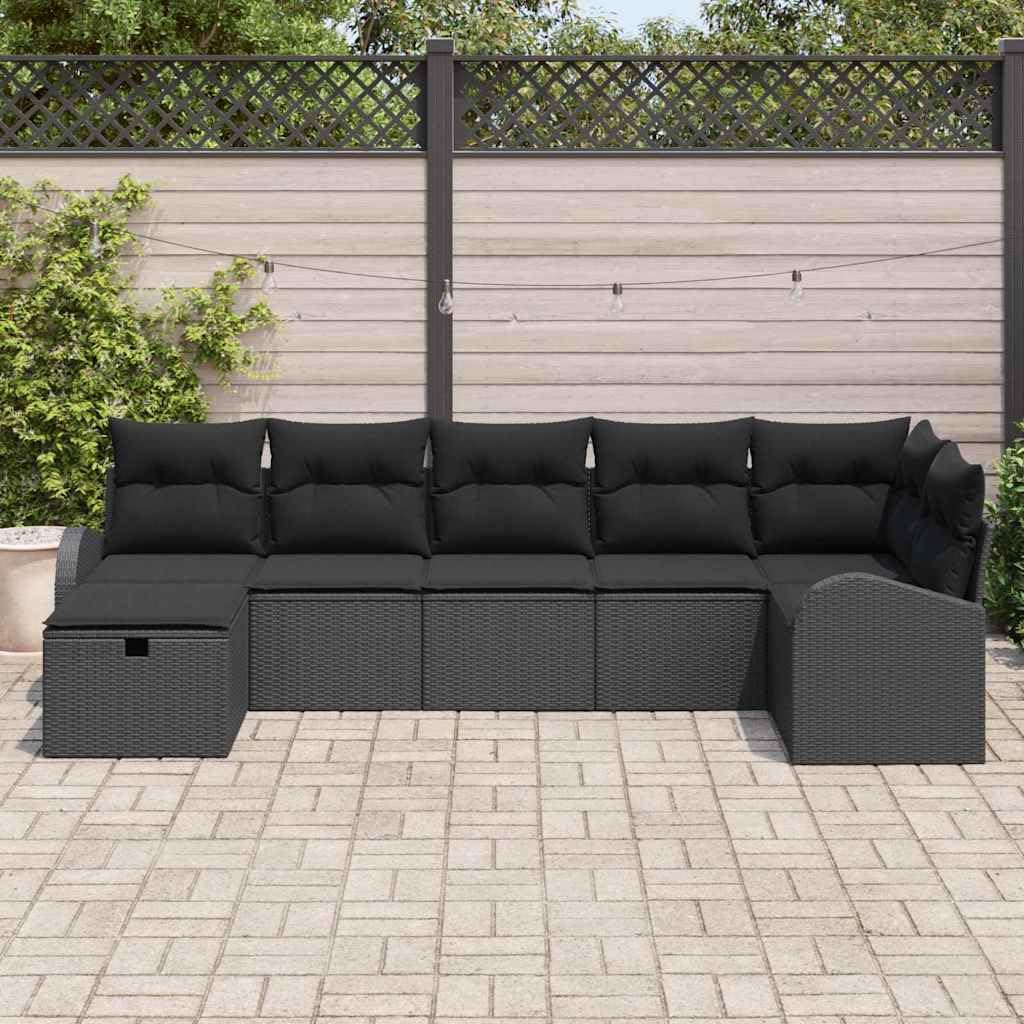 7-częściowy zestaw z poduszkami i miejscem do przechowywania, kolor czarny, polirattan, sofa ogrodowa, sofa na taras, balkon, odporna na warunki atmosferyczne, meble ogrodowe, zestaw mebli do