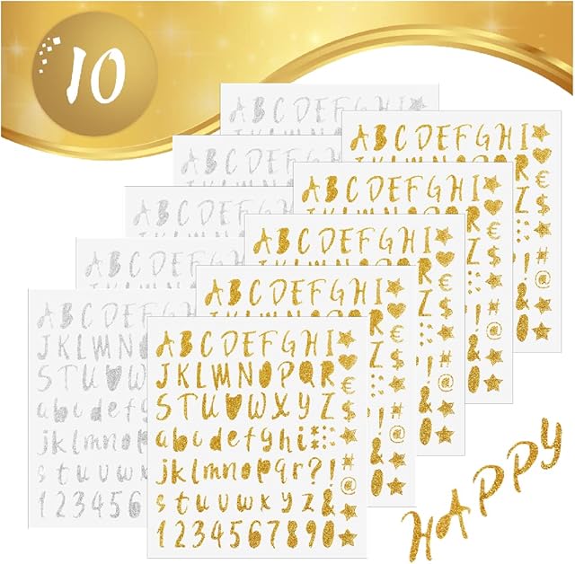 10 Sheets Glitter Alphabet Sticker, Vinyl Sticky Letters Numbers Punctuation Self-Adhesive Number Stickers for Glass Sign DIY Scrapbooking Graduation Cap Greeting Cards Decoration (Gold & Silver)