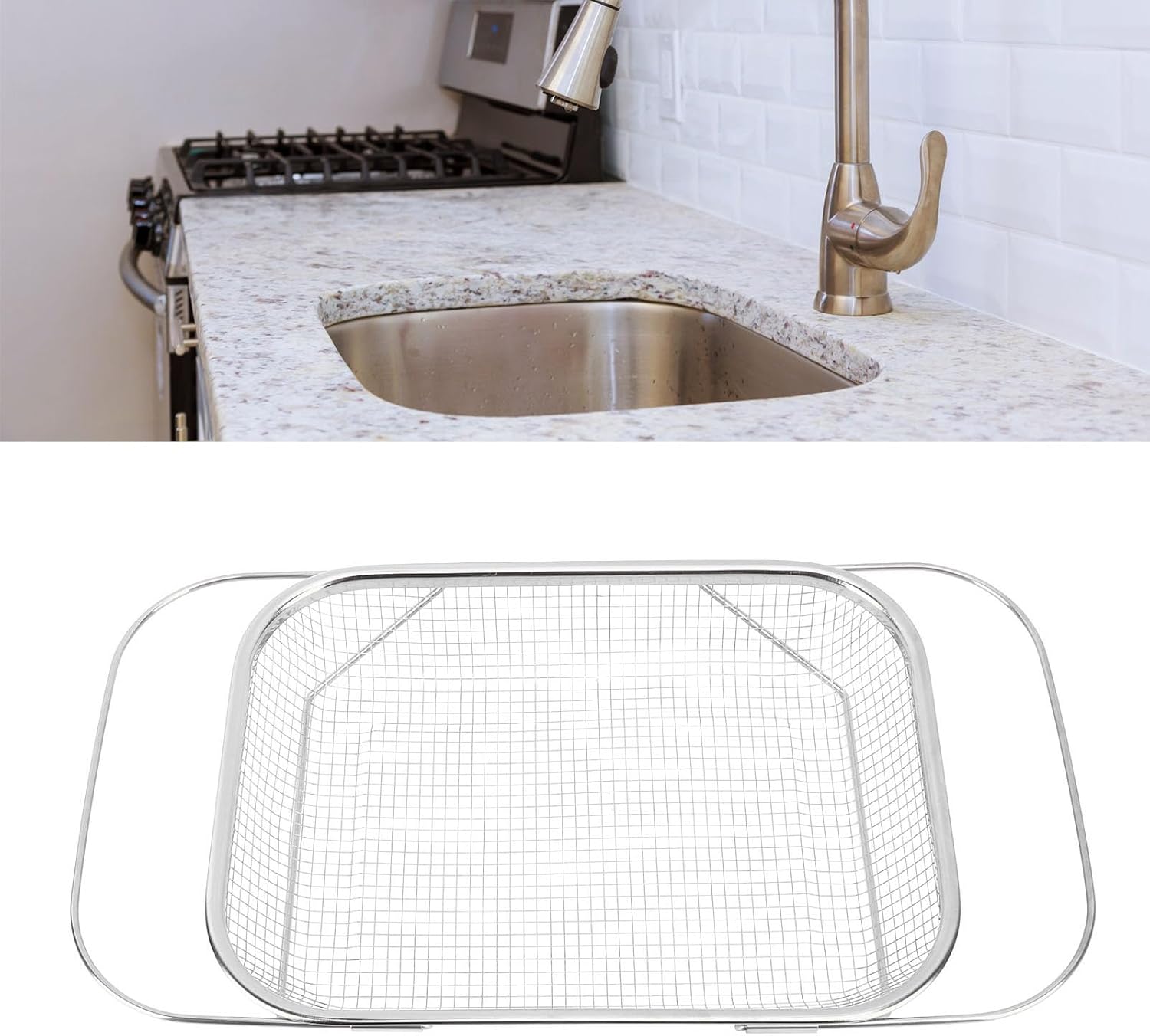 JTLB Over The Sink Colander Strainer Basket Stainless Steel for Kitchen Sink with Handles Fine Mesh Expandable Kitchen Essentials Rectangle (Silver)