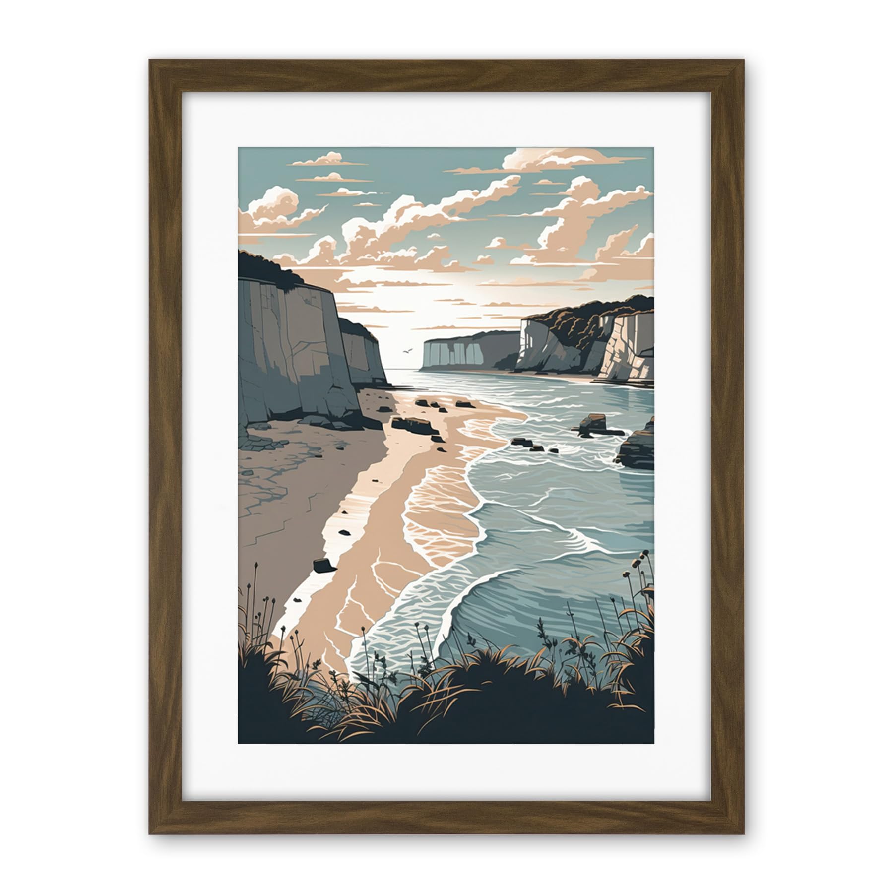 Artery8 Bay with Cliffs Pastel Colour Coastal Landscape Artwork Framed Wall Art Print 18X24 Inch