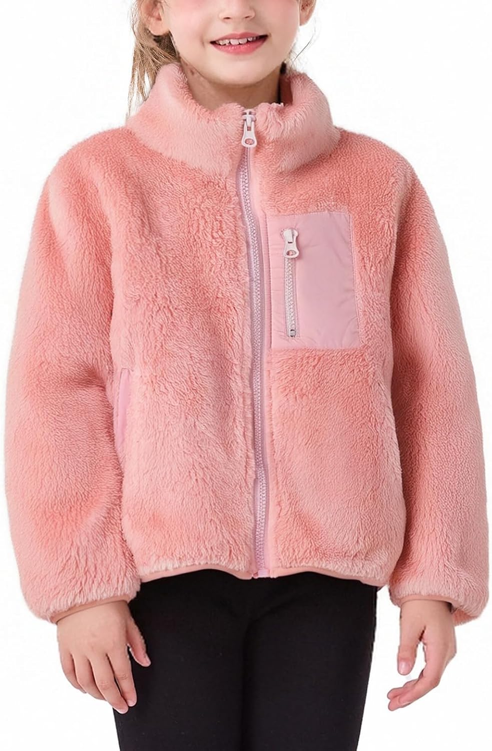 Girls Fleece Jacket Full Zip Up Soft Sherpa Teddy Coat Chest Pockets Fall Winter Ja...