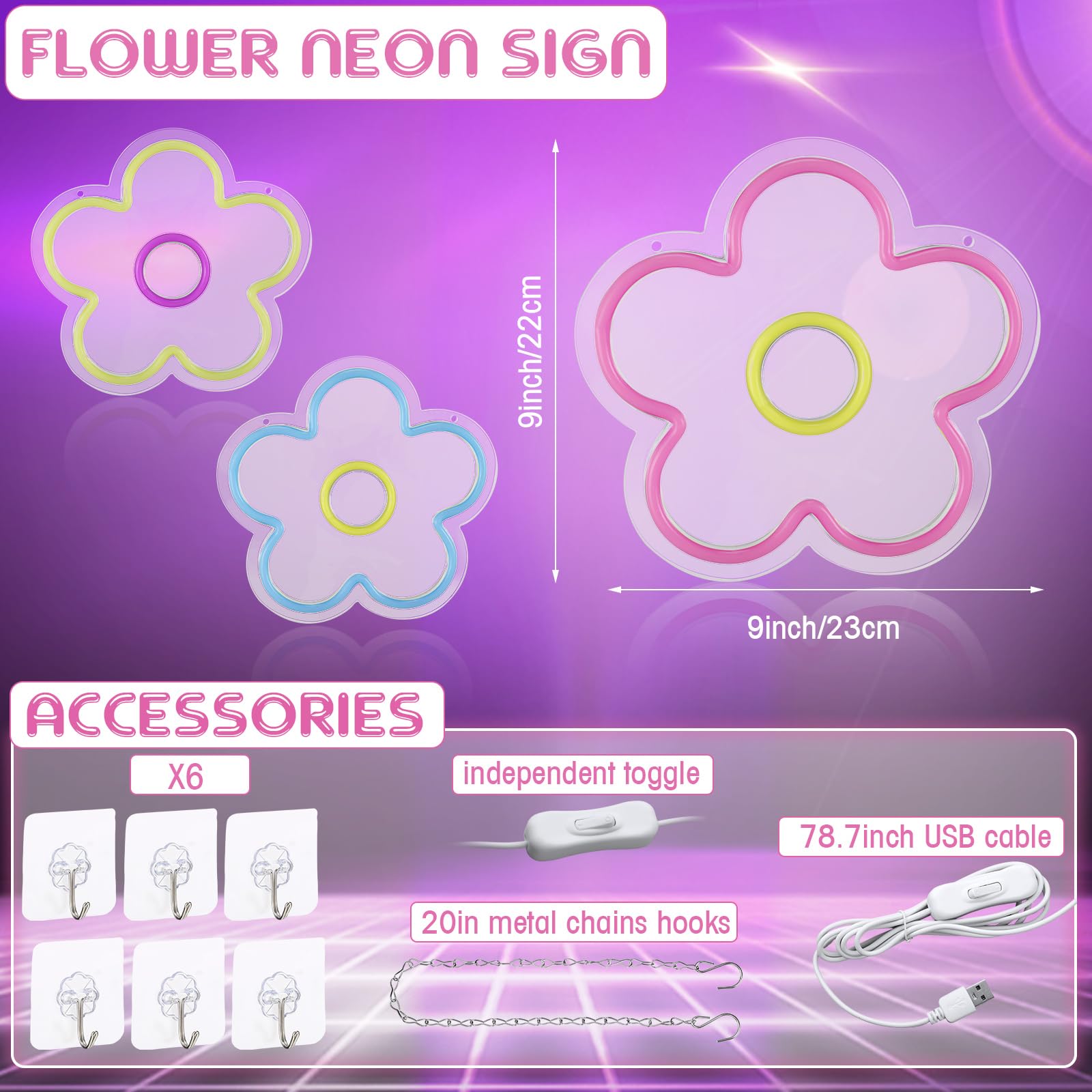 Baquler Neonowy znak świetlny LED, zasilany przez USB, retro, w kształcie kwiatu, na ścianę, do sypialni, domu, sklepu, akademika, na ślub, urodziny, przyjęcie, dekoracja dla dziewcząt, 25 x 25 cm