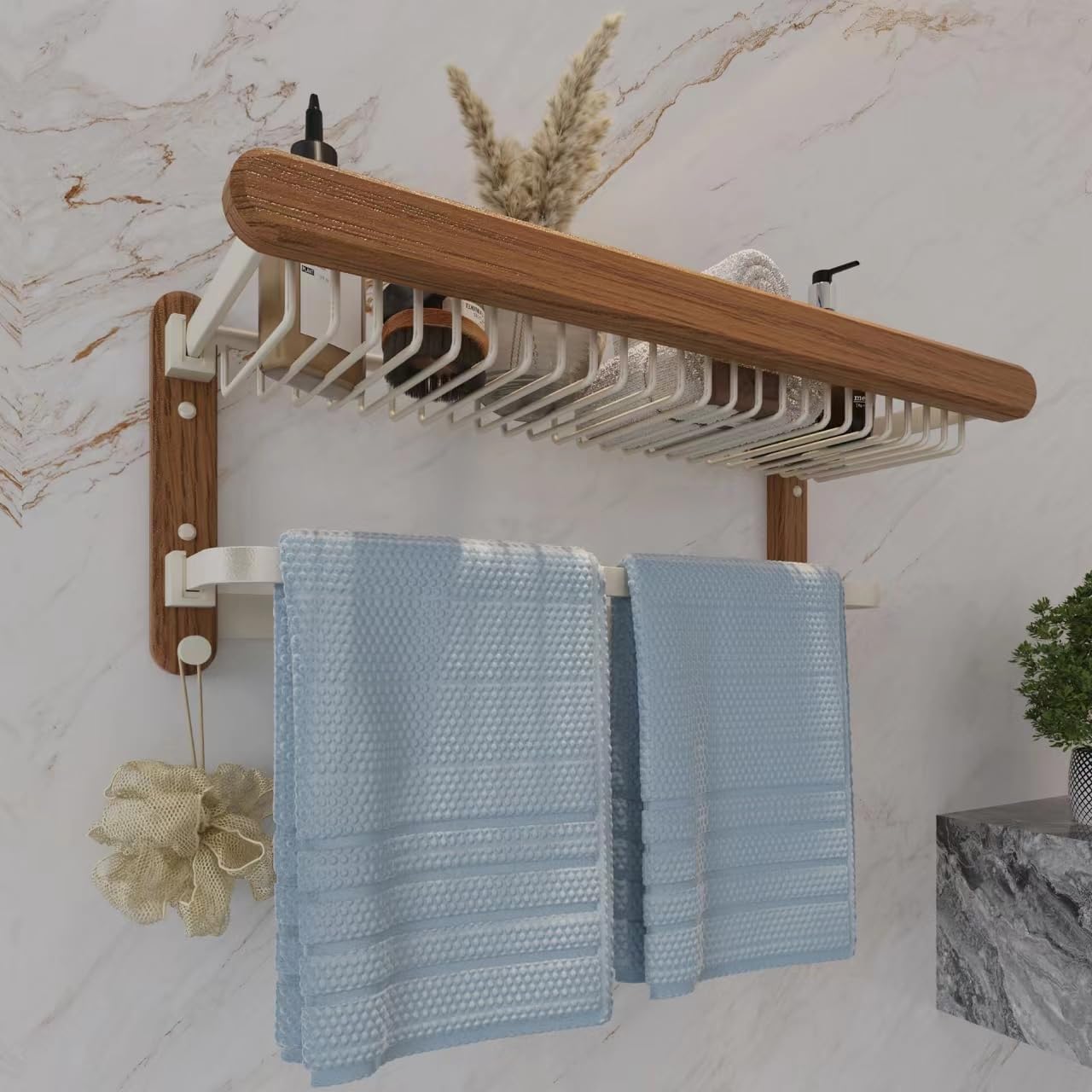 24-Inch Bathroom Towel Rack Wall Mounted - Foldable Oak Wood Towel Shelf with Bar and 5 Hooks, Modern Towel Holder and Metal Bar for Bathroom Decor (Cream White, 24 Inch-60Cm-Oak Wood-5Hooks)
