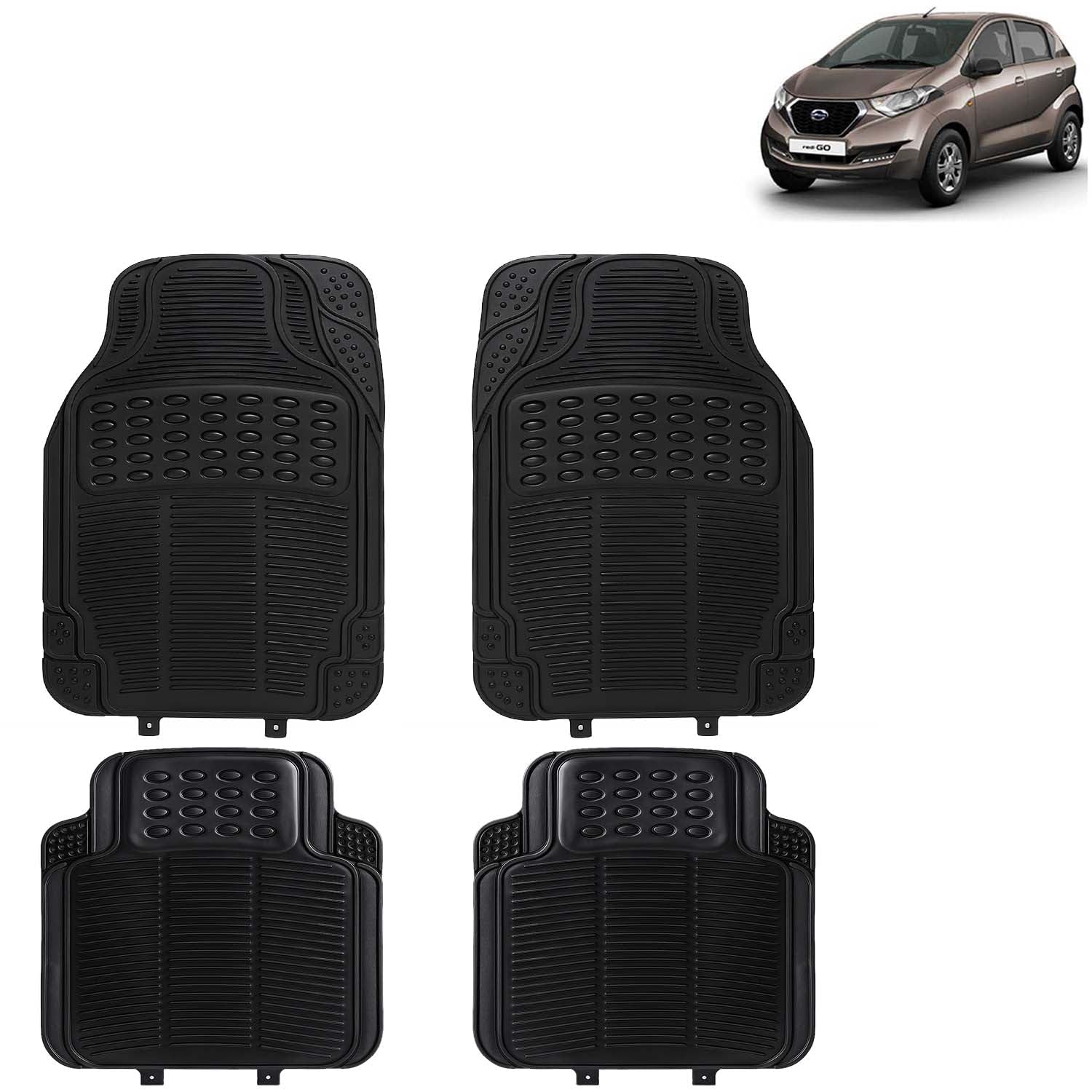 KINGSWAY Accessories Universal Use Anti Skid PVC Car Mat Compatible with Datsun Redi Go Year 2016 to 2022, Set of 4 Pcs Anti Slip Car Floor Rubber Mats, All Weather Car Foot Mats, Black
