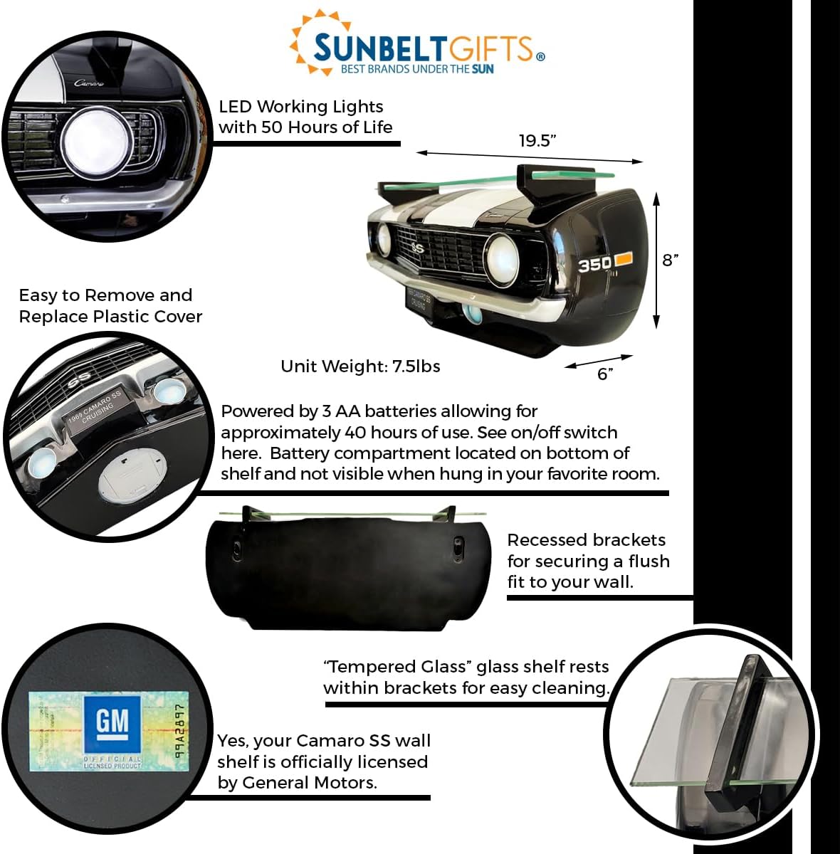 Sunbelt Gifts 1969 Chevrolet Camaro SS Floating Wall Shelf - LED Headlights with Tempered Glass for Vintage Car Decor + Man Cave Accessories - Classic Car Gift (19.5 x 6 x 8 in)