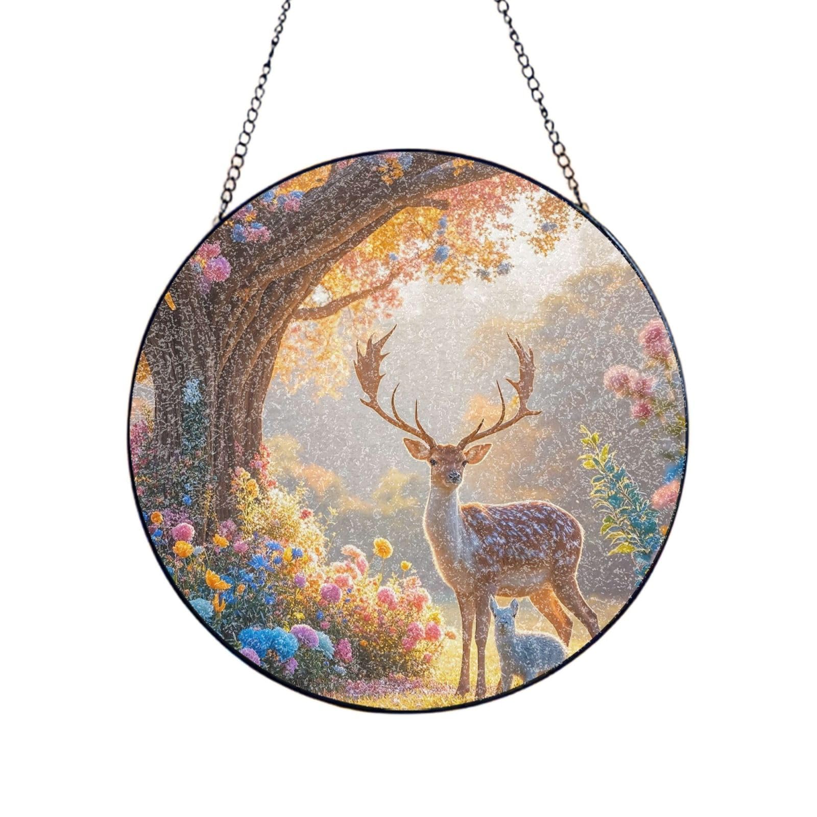 Stained Glass Window Hanging Deer and Flowers Sun Catchers Indoor Outdoor Decor Window Suncatcher Door Garden Sunroom Sun Catcher Home Decor Birthday Christmas for Mom Men