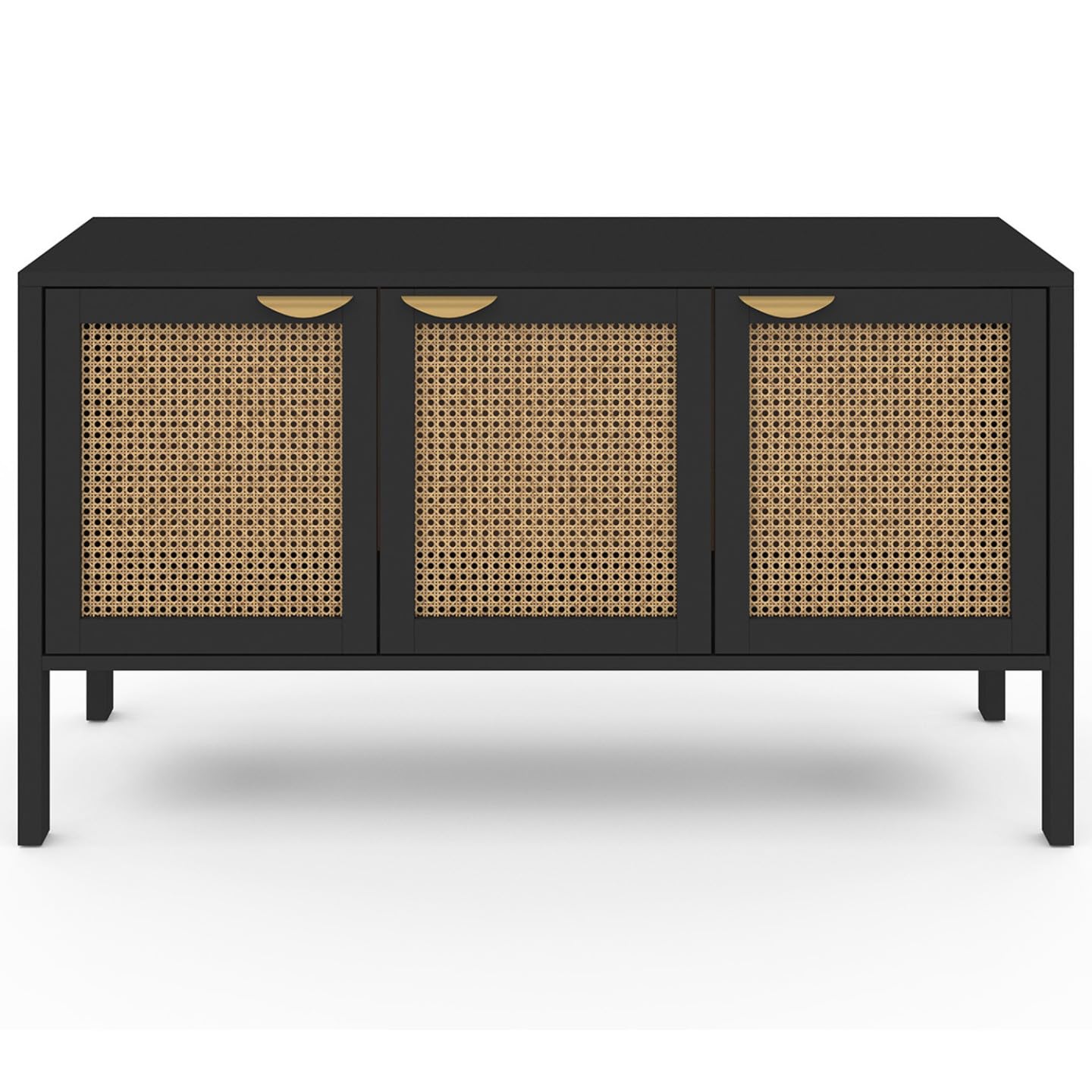 IDMarket - Buffet Bas 110 cm EDHEN 3 Portes Bois Noir et cannage