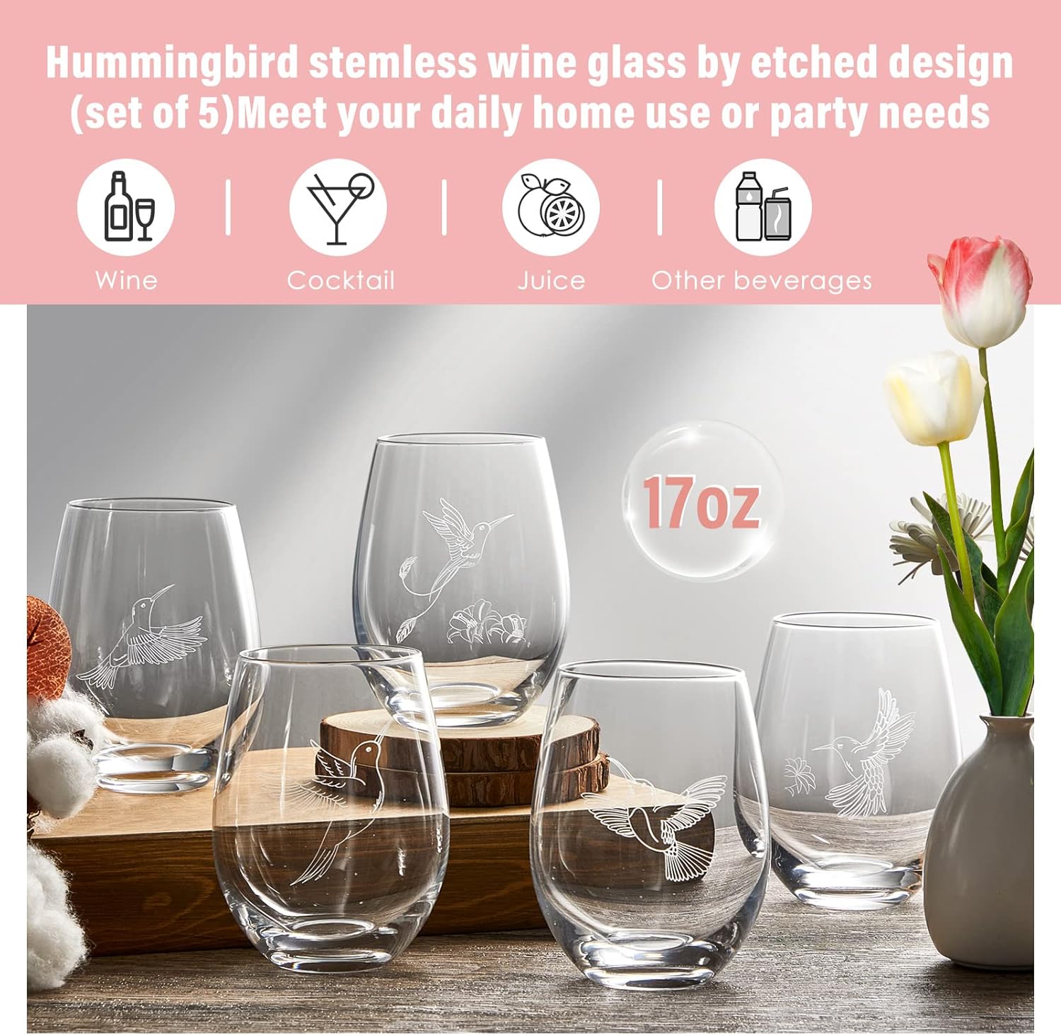 Zubebe 5 Pieces Hummingbird Stemless Wine Glasses 17 oz Hummingbird Cups Laser Engraved Wine Glasses Hummingbird Themed Gifts for Christmas Birthday Retirement Anniversaries Father's Day Mother's Day