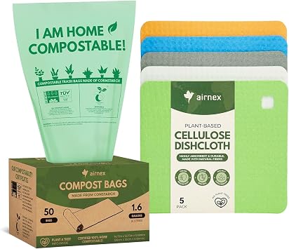 AIRNEX Kitchen Composting & Cleaning Bundle - 50 Compostable Bags for Countertop Bin & 5 Swedish Dishcloths - Leakproof Food Scrap Bags & Reusable Cellulose Dish Towels