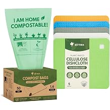 AIRNEX Kitchen Composting & Cleaning Bundle - 50 Compostable Bags for Countertop Bin & 5 Swedish Dishcloths - Leakproof Food Scrap Bags & Reusable Cellulose Dish Towels