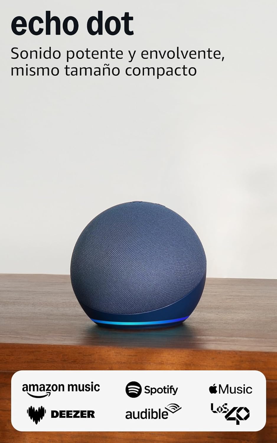 Amazon Echo Dot (5th Generation) in blue, sitting on a wooden surface with a glowing light ring at its base.