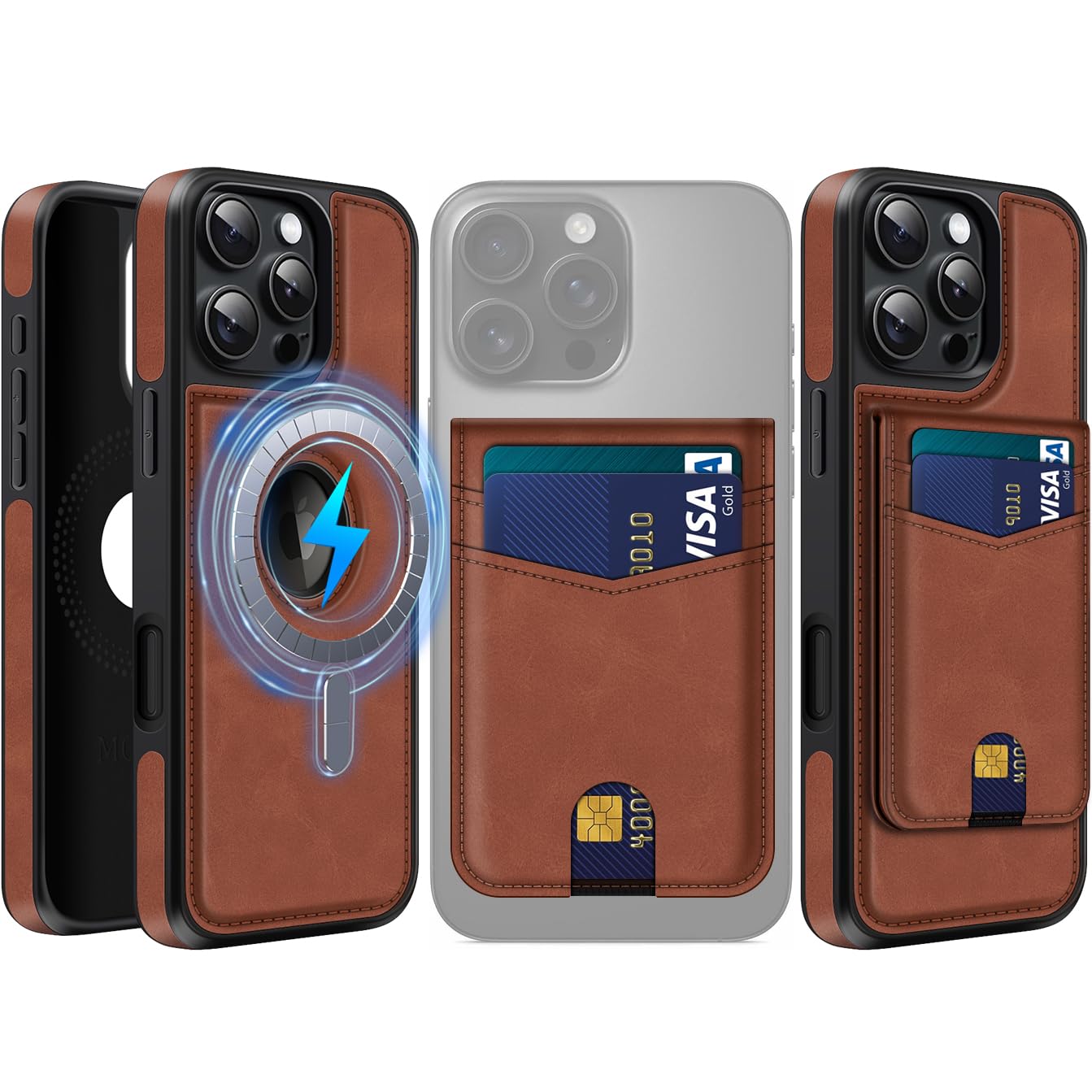 MOBESV 2-in-1 Custodia in Pelle per iPhone 16 PRO con Portafoglio Supporto, Cover Magnetica Compatibile con MagSafe, Custodia con Porta Carte Elegante, Marrone
