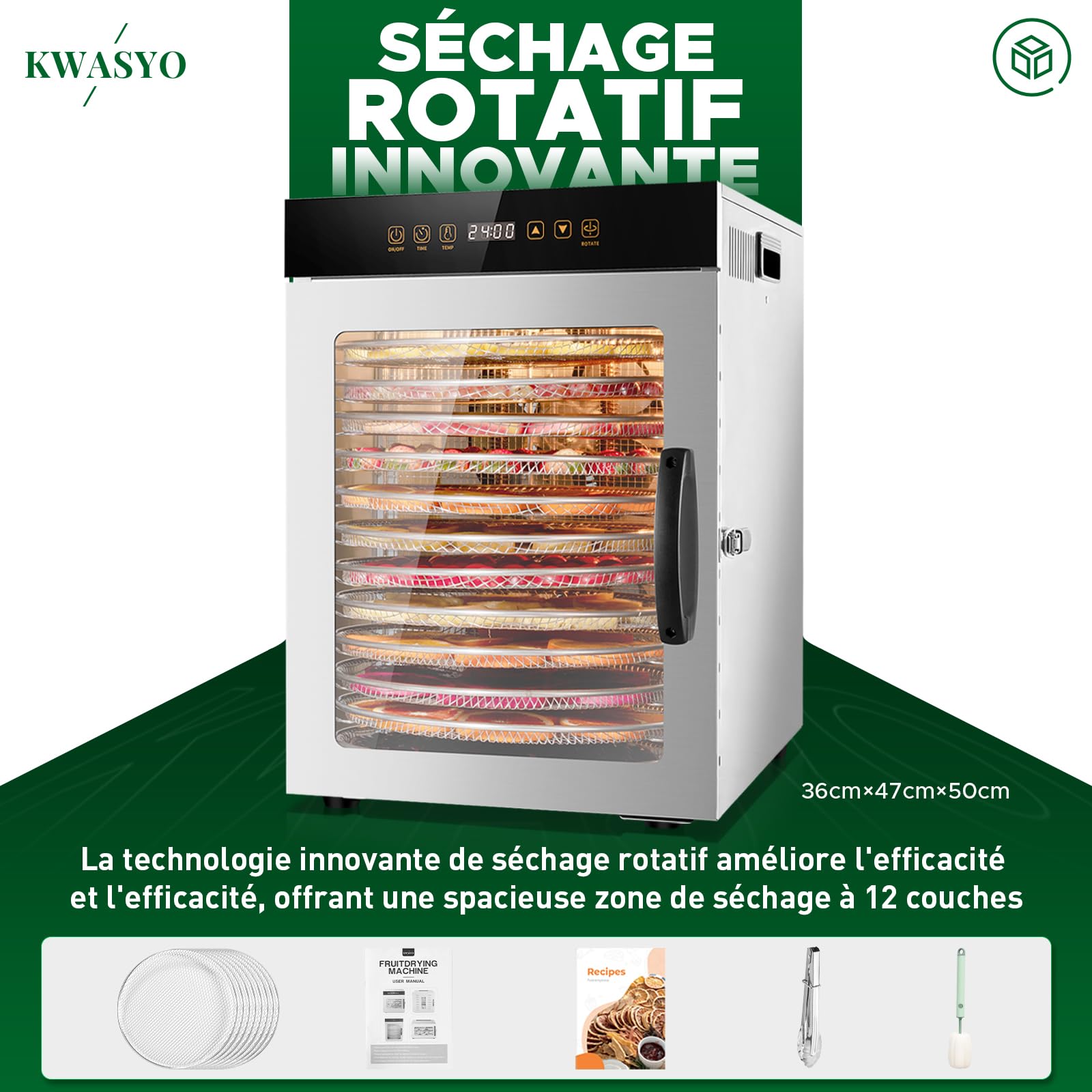 Kwasyo Deshydrateur Alimentaire avec 12 Rotatif Plateaux en Inox - Double ventilateur Séchage efficace à 720° - Deshydrateur Viande, Fruits, Champignons - 1000W Déshydrateur Alimentaire Inox