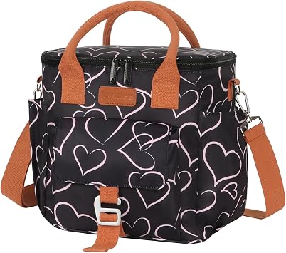 Joymee Large Insulated Lunch Bag Women Reusable Waterproof - Love Heart | Large Spacious, Cooler Lunch Bag, Adjustable Shoulder Strap, With Side Pocket, Bottle Holder, for Office Work Picnic Travel