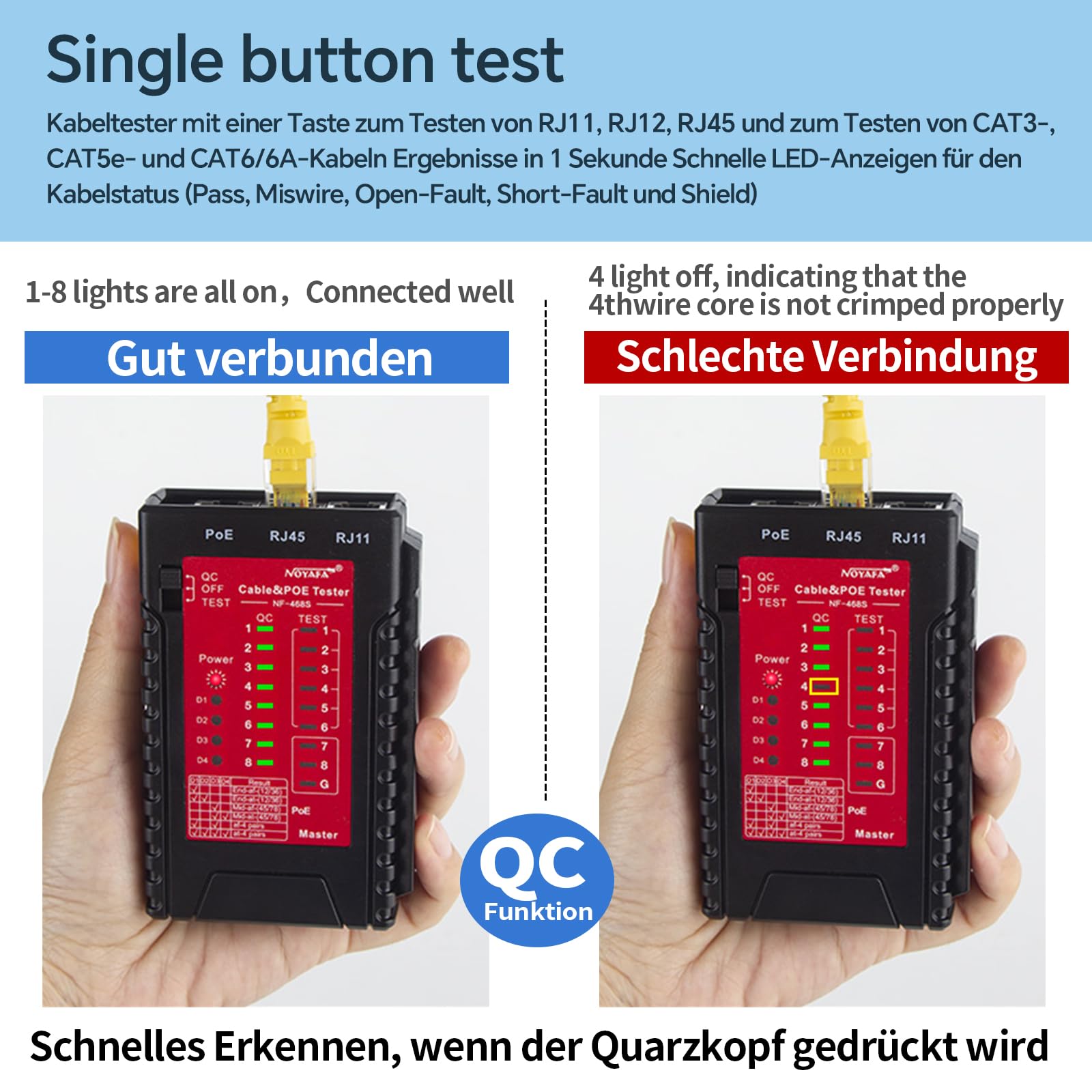 NOYAFA Netzwerkkabeltester, Erweiterte Kabel Tester für RJ11, RJ12, RJ45, CAT5, CAT6, CAT7, STP/UTP-Kabelprüfer, Kabelmapper, PoE-Tester, Durchgangsprüfung, Telefonleitung Cat3, LAN-Netzwerk tool