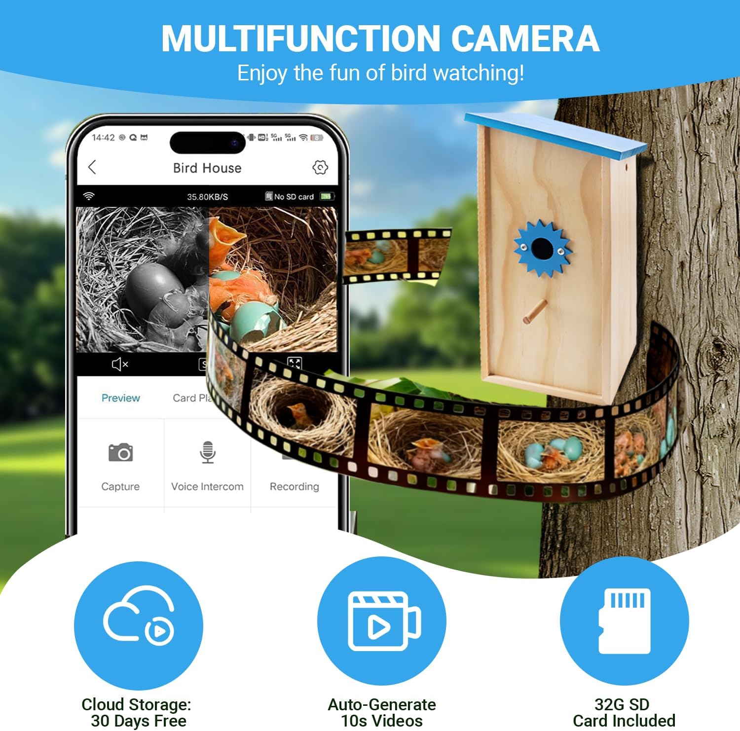 Smart Bird House with Camera Solar Powered, Birdhouse with 1080P HD Camera Wireless, Auto Capture Bird Videos & Motion Detection and App Notify, Wooden Birdhouses for Bluebirds and Sparrows