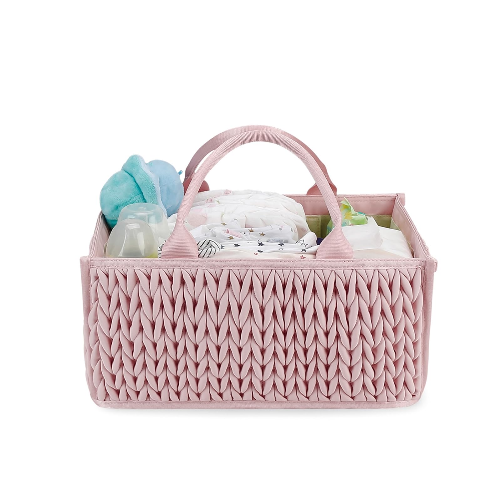 Organizador trenzado acolchado para pañales, cesta de almacenamiento para guardería con compartimento, asa portátil, toallitas para bebé, bolsa de pañales
