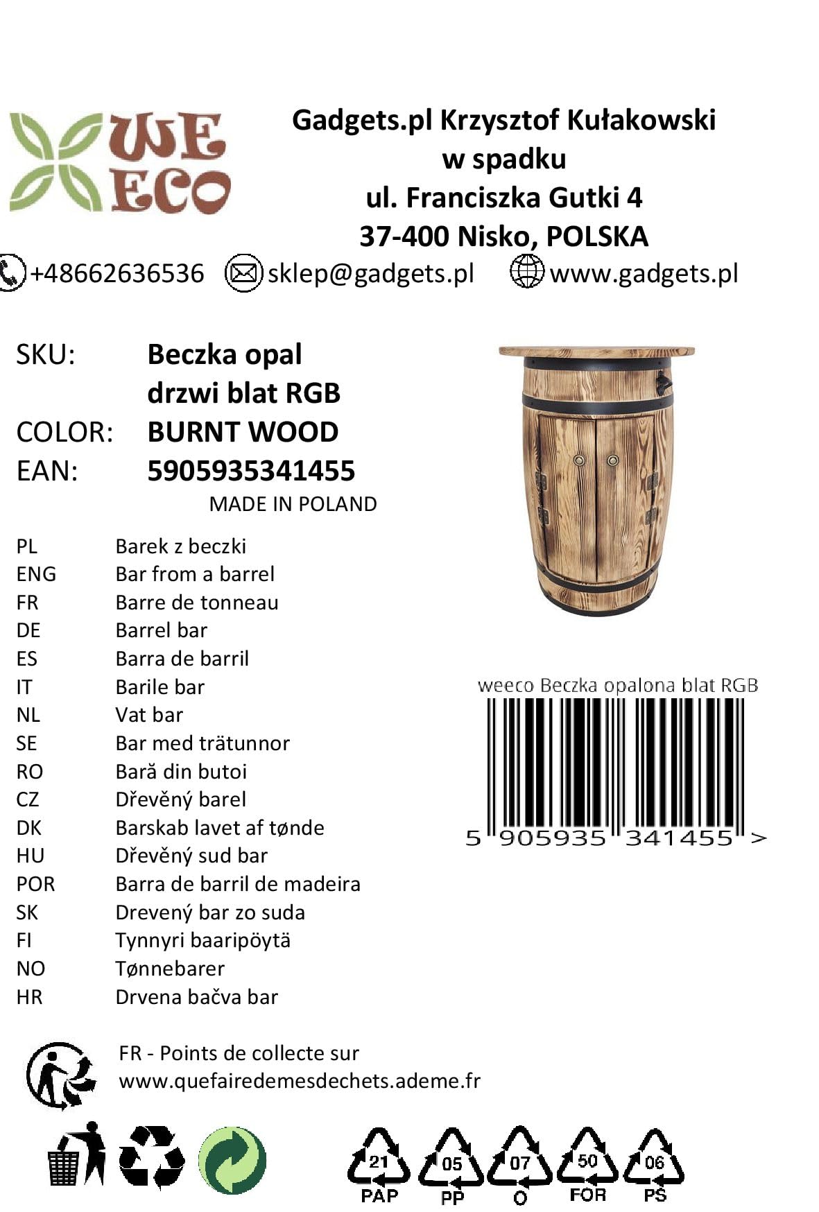 weeco Holzbar Fass mit RGB LED Ablage zur Aufbewahrung von Alkohol, Dekoratives Barschrank mit Regalböden und Türen, Weinregal für Wohnzimmer oder Küche, 80x55x44 cm