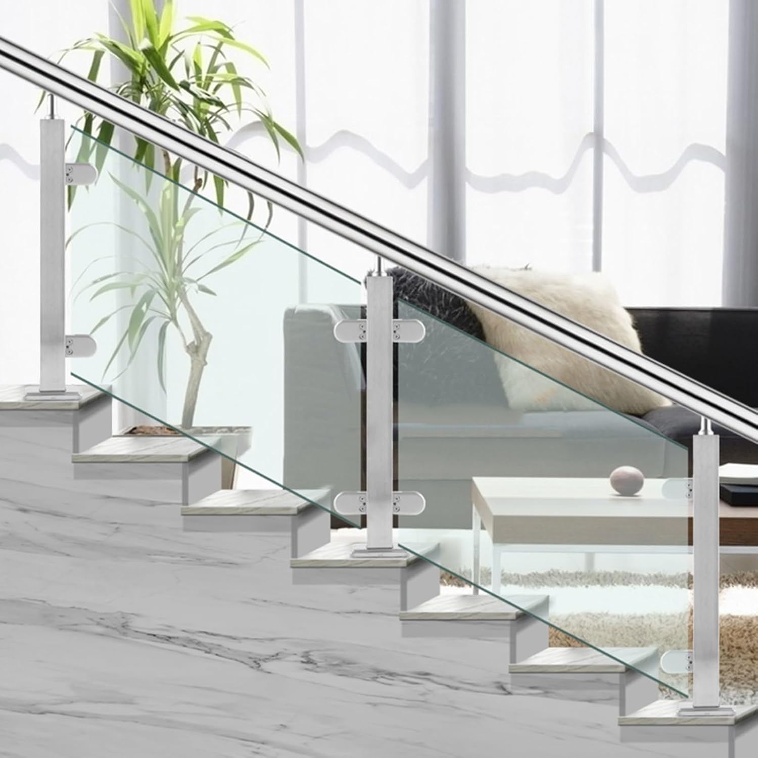 Stainless Steel Deck Glass Railing Posts with Fish Mouth Clip, 39.4" Square Baluster for Indoor/Outdoor Steps, Durable End Post for Modern Decking Solutions