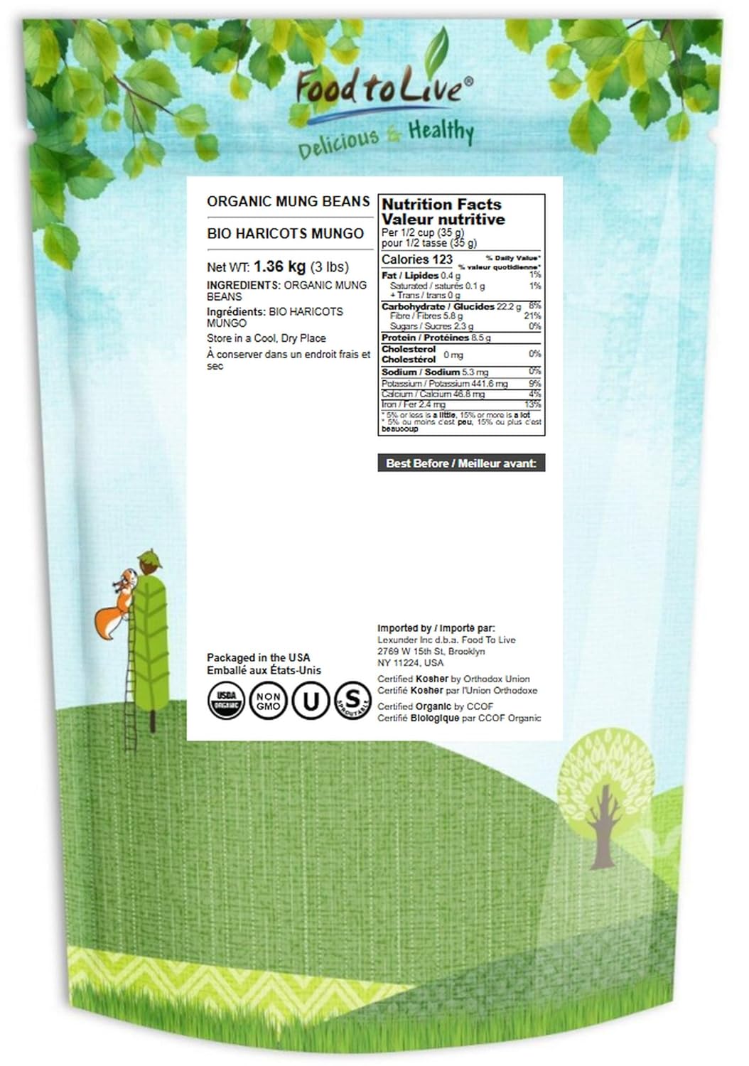 Food to Live Organic Mung Beans, 3 Pounds – Non-GMO, Whole Dried Beans, Green Gram, Sproutable, Kosher, Sirtfood. Good Source of Fiber and Protein.
