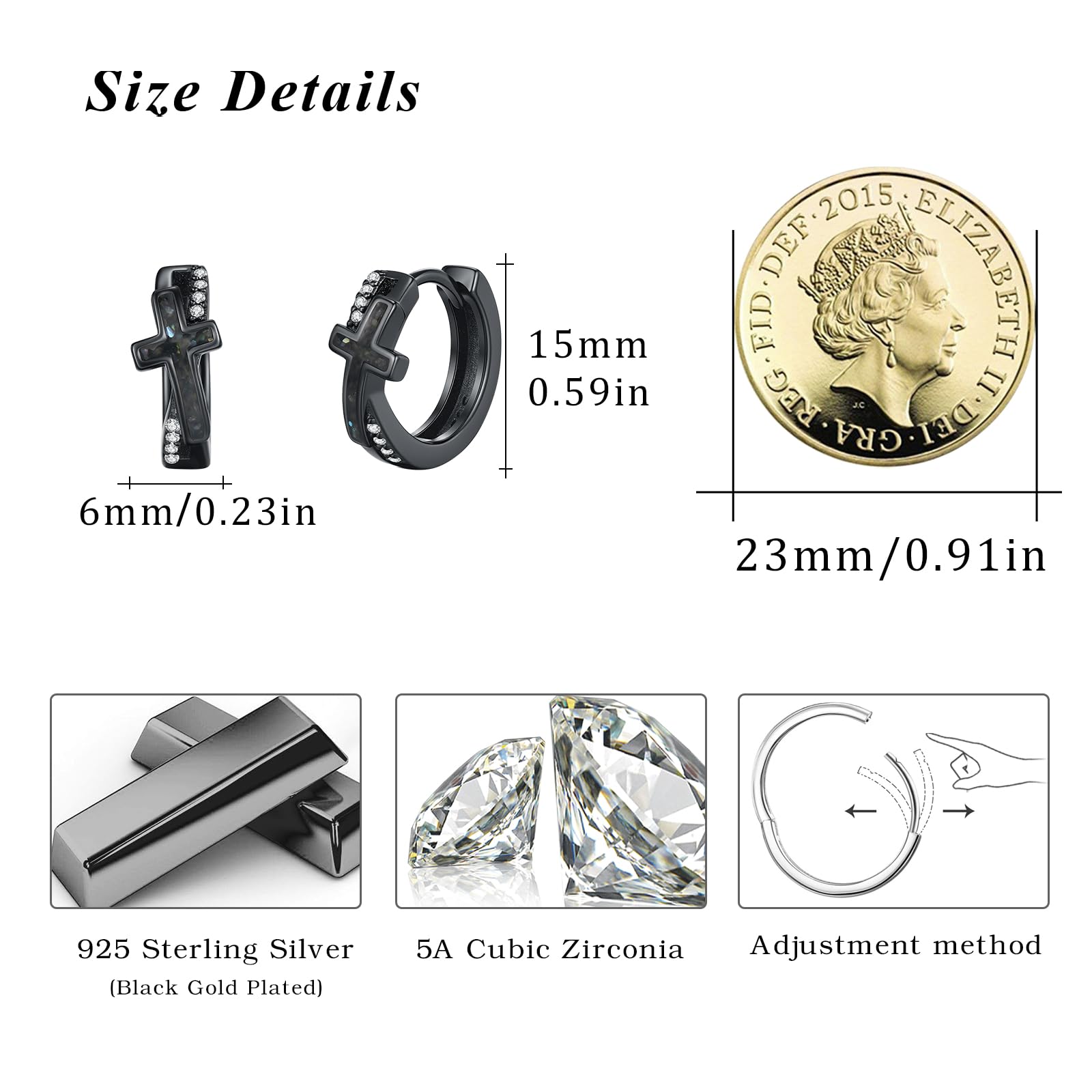 Orecchini a cerchio a croce neri in argento 925, piccoli, ipoallergenici, diametro 15 mm, piccoli orecchini a cerchio a croce, unisex, idea regalo per uomo e donna