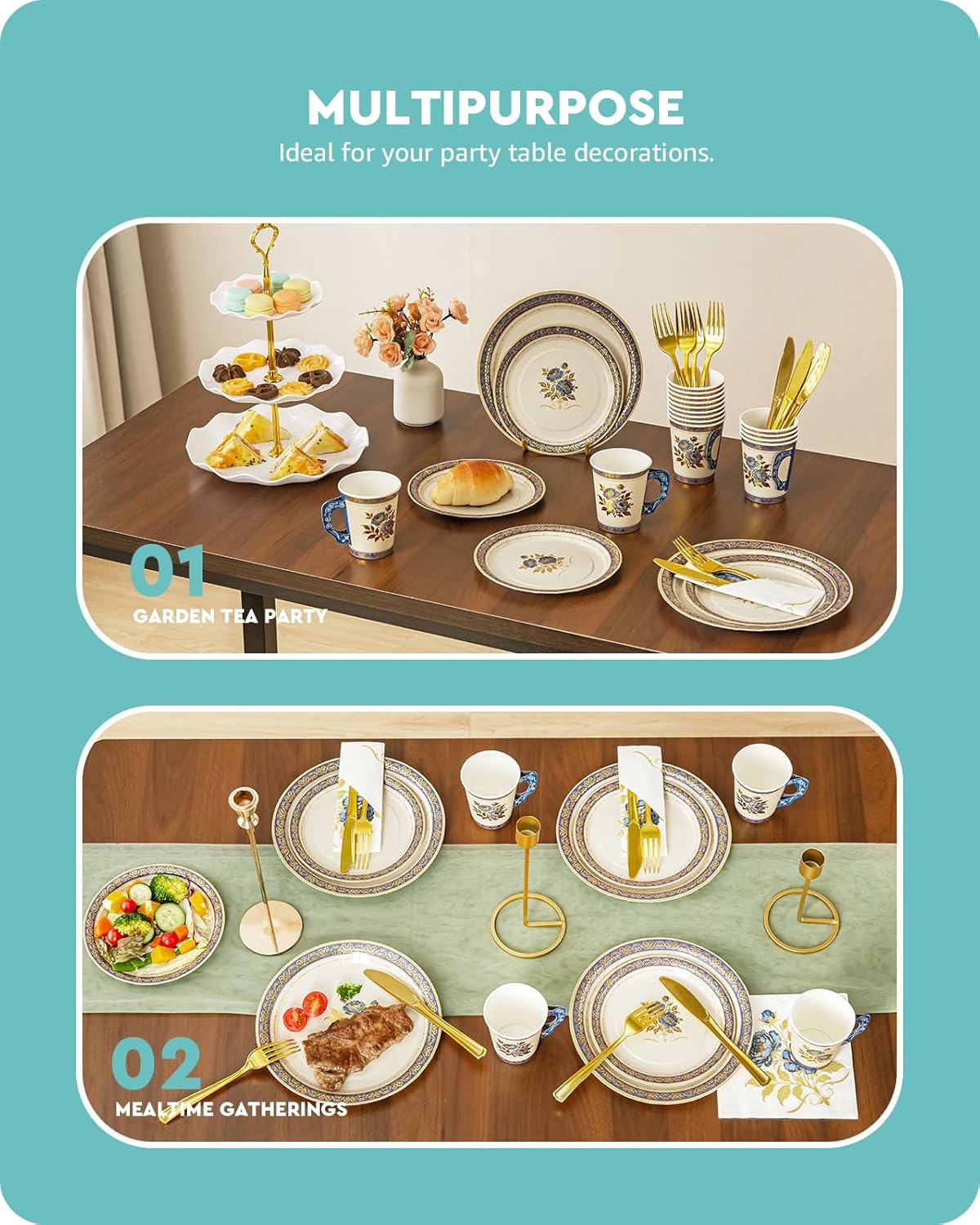 Baffect 145 Pcs Tea Party Supplies, Include Paper Tea Cups With Handle, 9" Garden Tea Party Plates, 7" Floral Saucers, Napkins, Gold Knives, Forks & 1 Disposable Tablecloth (Set Of 24, Blue & Gold)