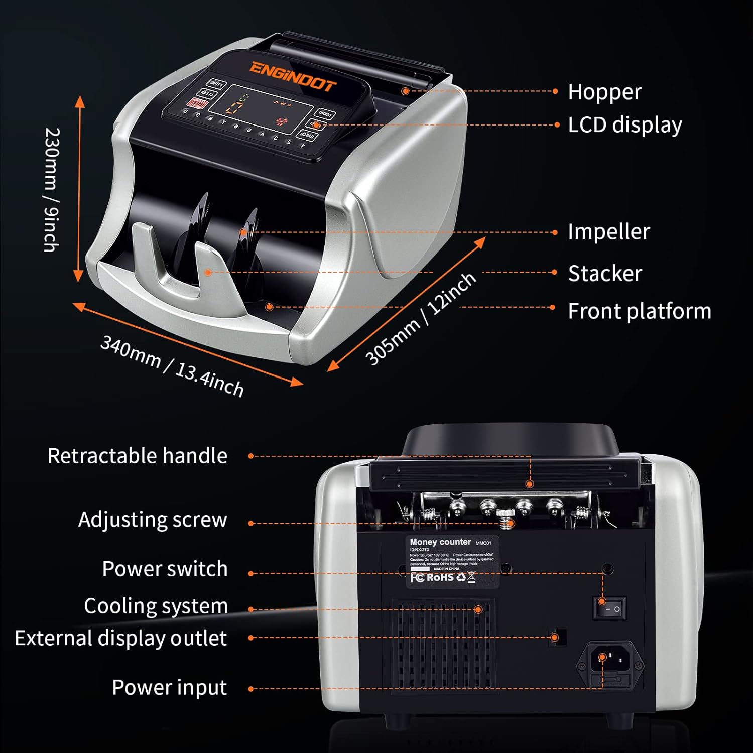 ENGINDOT Bill Counter with labeled parts and dimensions