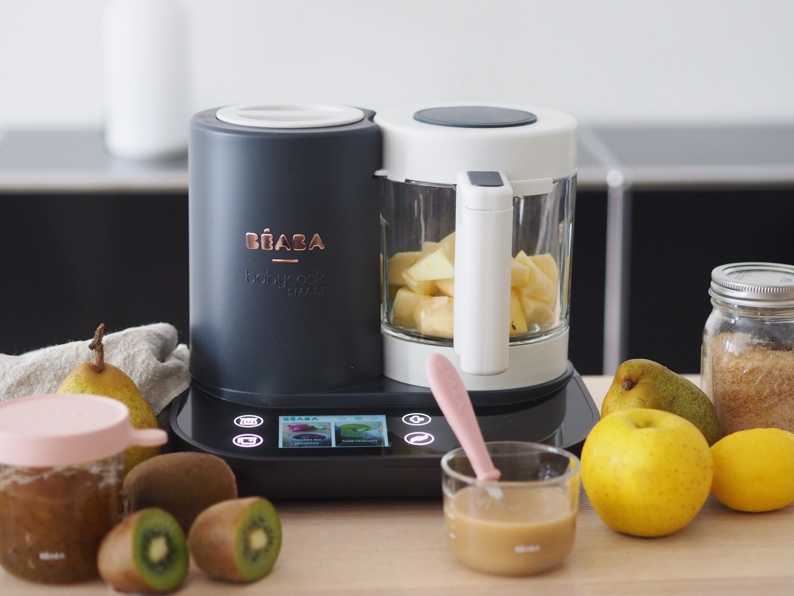 BÉABA Babycook Smart Robot Cuiseur Mixeur Bébé Connecté 2.25L Bol Verre Panier Inox Cuisson Vapeur Écran Tactile Anthracite