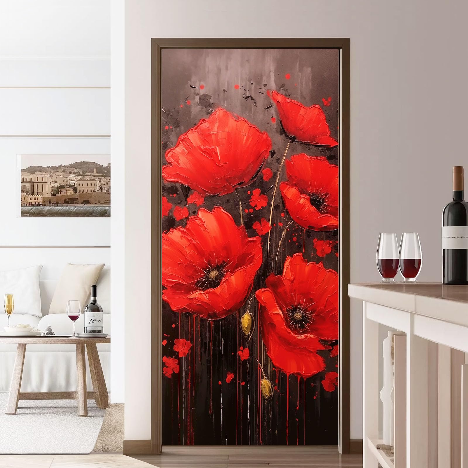 Vintage Blumen Türaufkleber, Abstrakt Blütenblätter Graffiti Wasserdichte Selbstklebende Tapeten Wandbilder 2 Stück, Dunkelgrau Pvc Abnehmbare Türsticker Dekoration für Schlafzimmer Schrank, 95x215 cm