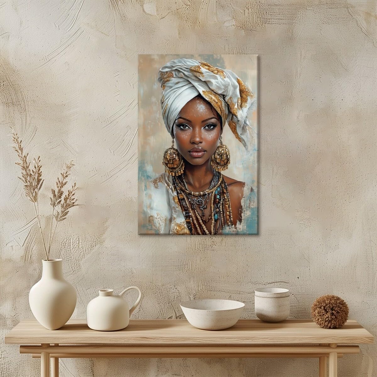 African Art Poster Black Girl Canvas Wall Art Black Woman Print Traditional Symbols Painting Inspirational Afrocentric Cultural Wall Decor for Living Room Office 24x36inch Framed