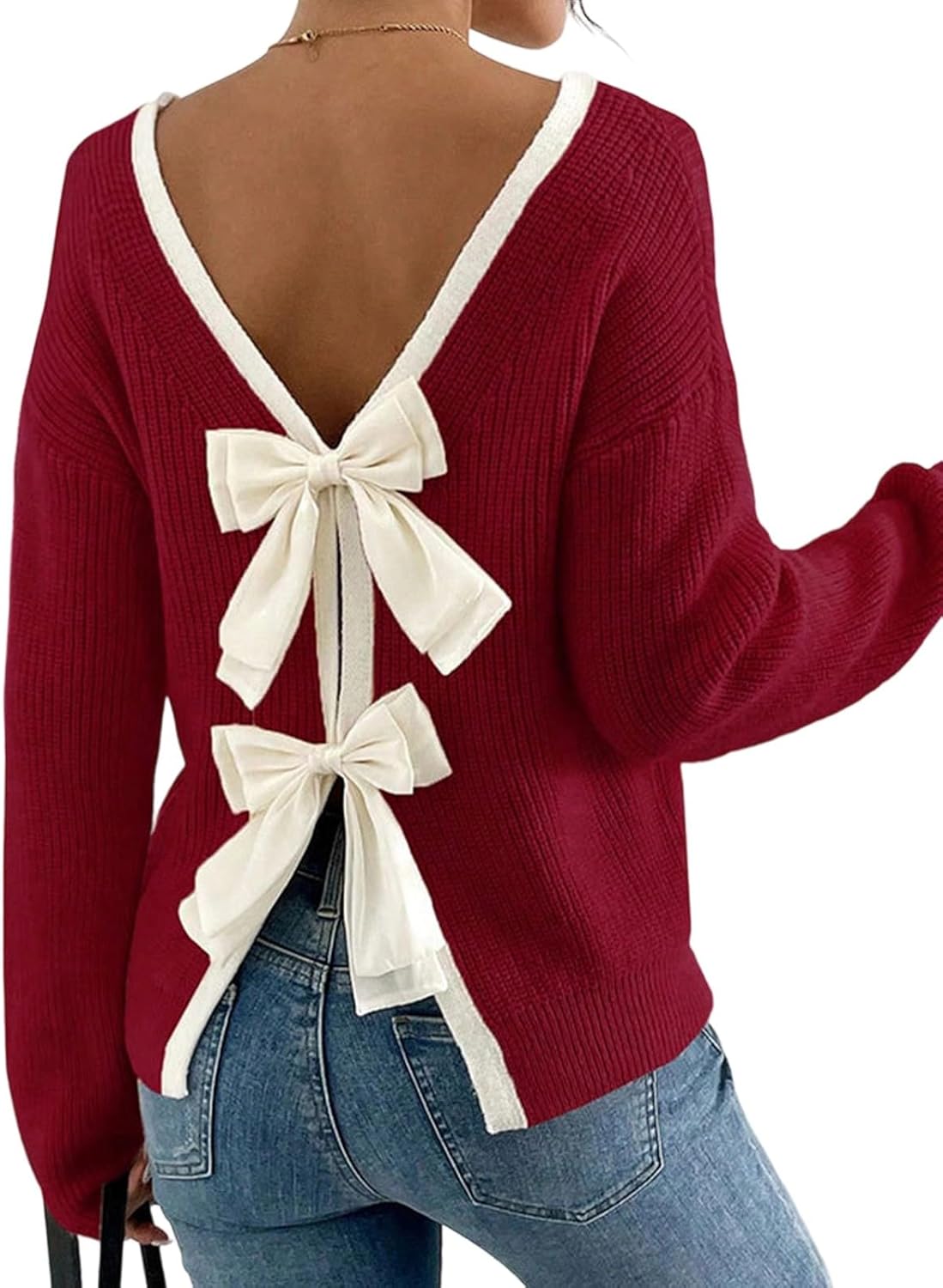 Molisry Women's Pullover Sweaters Sexy Long Sleeve Crew Neck Open Back Dressy Fall Bow Sweater 2025