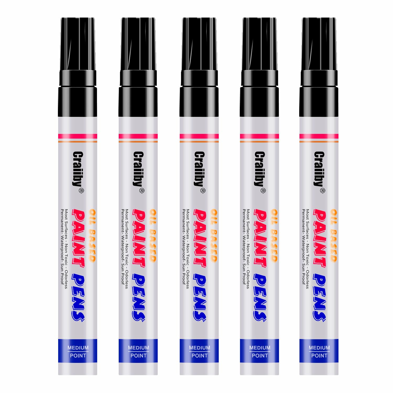 Black Paint Markers, 5 Pack Oil-Based Waterproof Quick Dry Permanent Paint Pen Set for Rocks Painting, Wood, Fabric, Plastic, Canvas, Glass, Mugs, Metal, Tire, Stone, DIY Craft