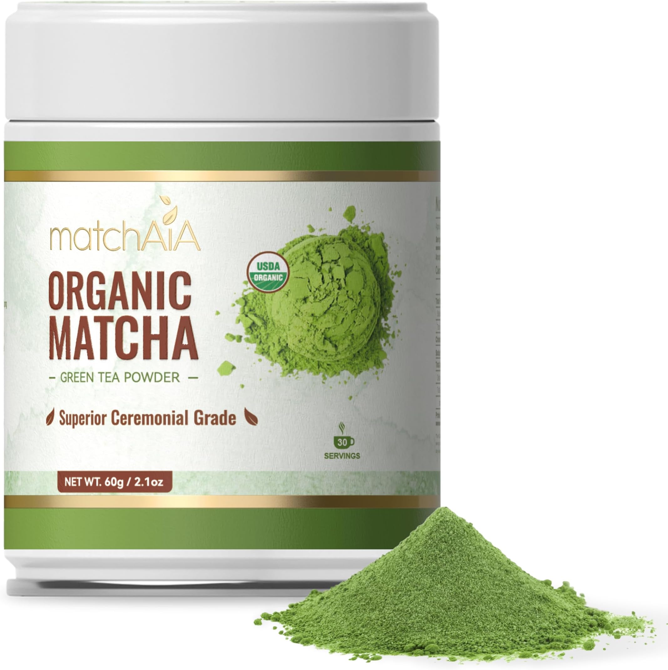 MatchAiA Organic Ceremonial Matcha Green Tea Powder - Superior Ceremonial Grade, First Spring Harvest, USDA Certified, 100% Pure - Sugar Free, Gluten Free (60g / 2.1oz Tin)