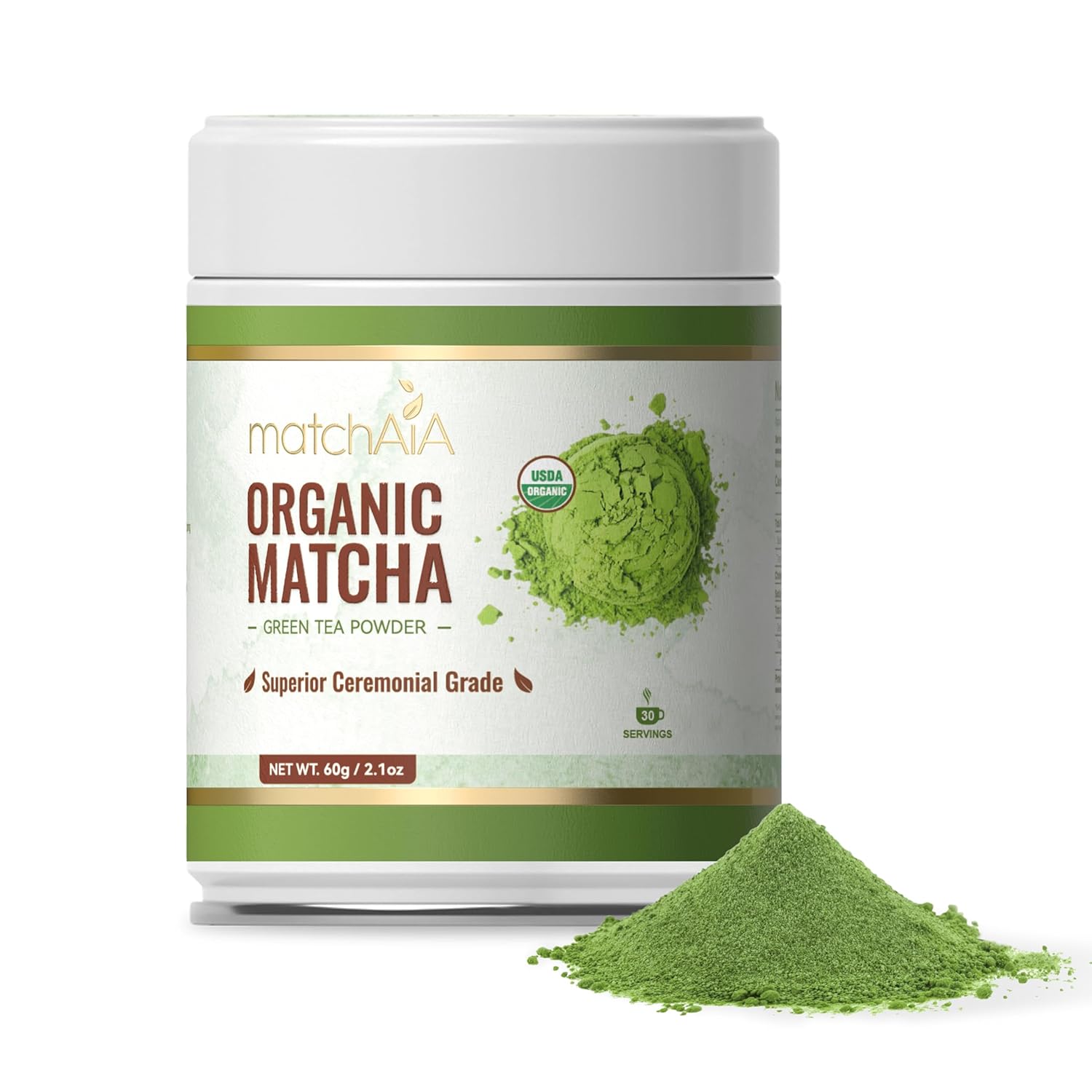 MatchAiA Organic Ceremonial Matcha Green Tea Powder - Superior Ceremonial Grade, First Spring Harvest, USDA Certified, 100% Pure - Sugar Free, Gluten Free (60g / 2.1oz Tin)