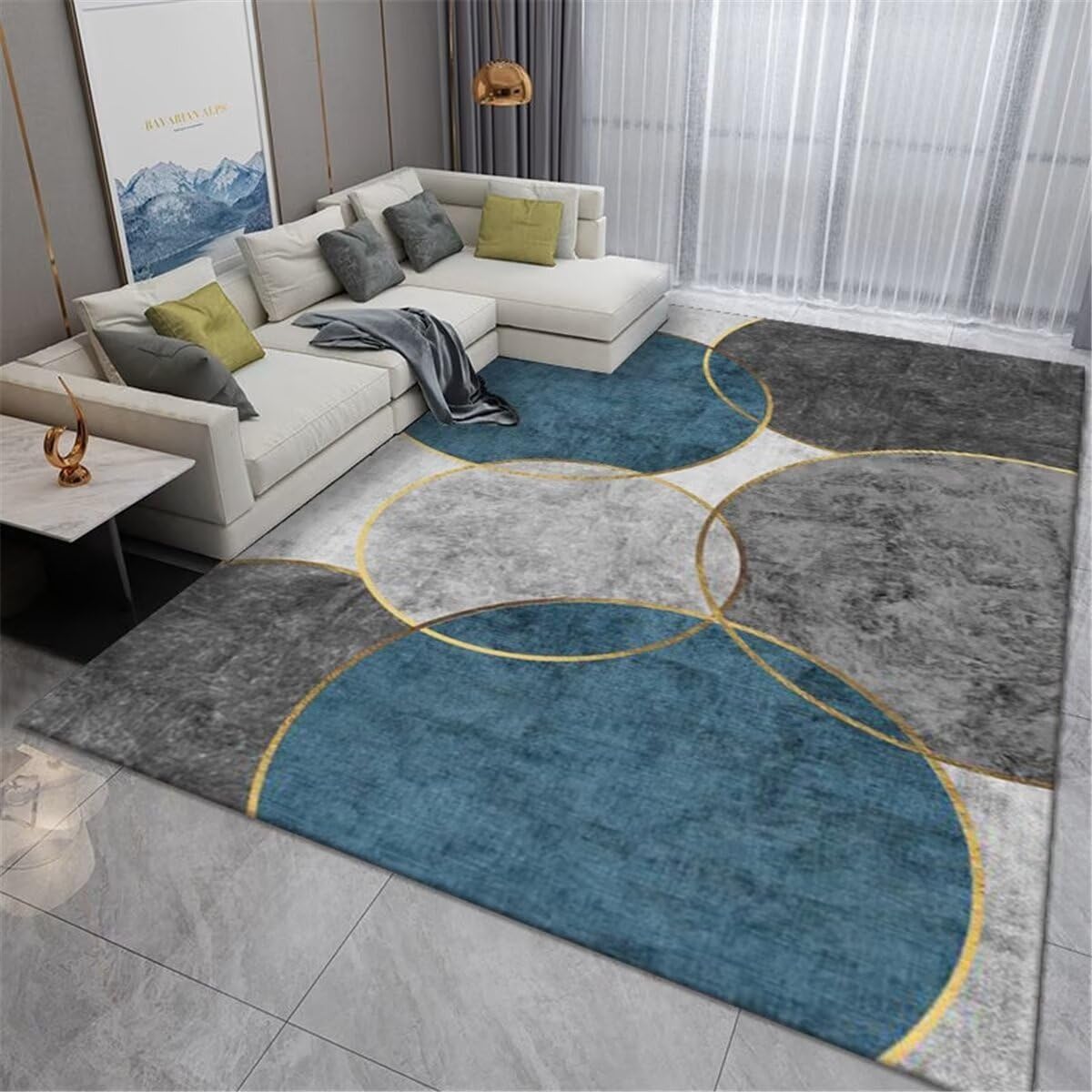 Chambre Garcon Chambre Fille Complete Tapis de canapé décoratif géométrique Rond Gris-Bleu antidérapant Grand Tapis 140X200CM
