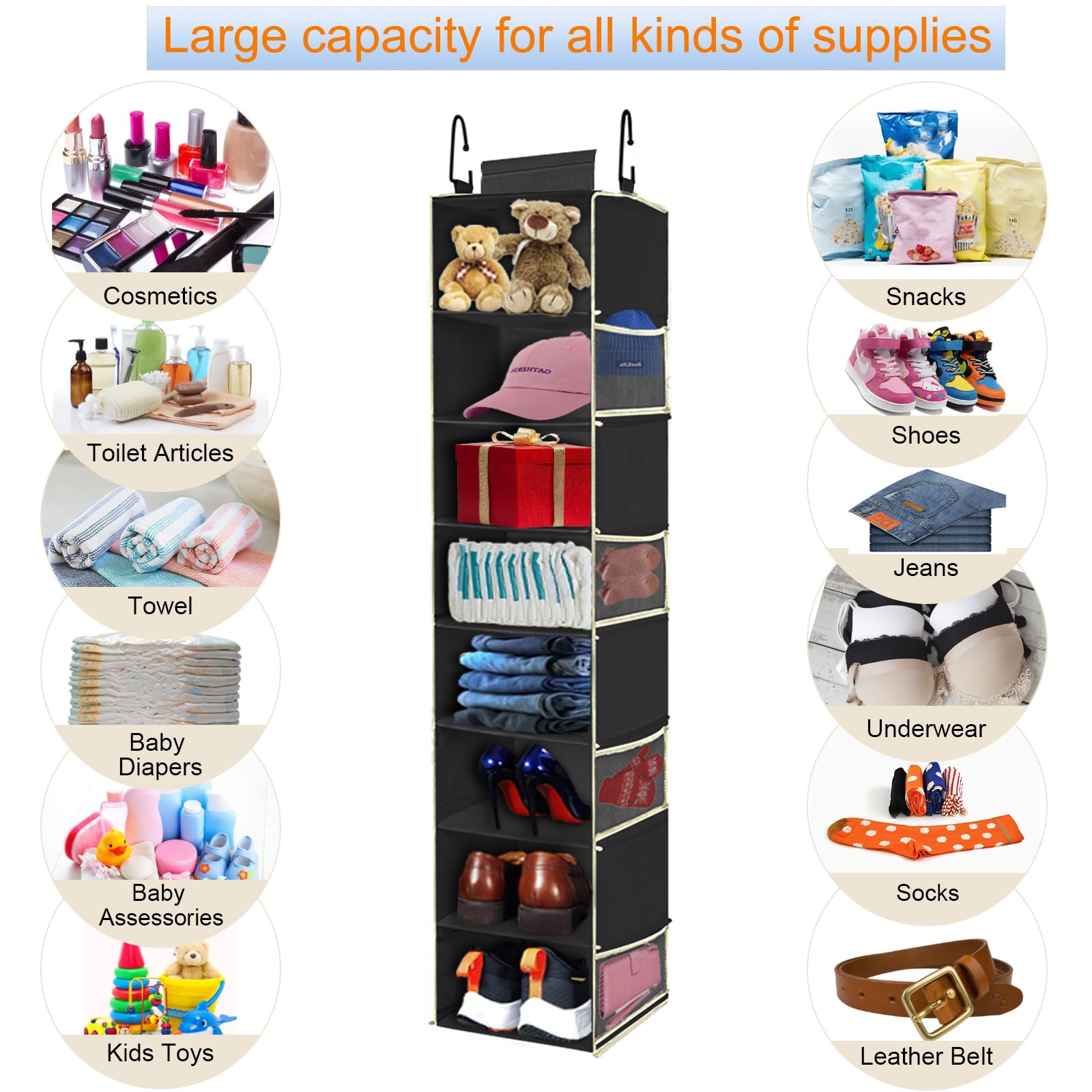 Organizador de zapatos colgante de gran tamaño, 8 estantes, organizador de armario colgante con 8 bolsillos laterales, estantes colgantes más anchos para guardar zapatos, ropa, 9 pulgadas de