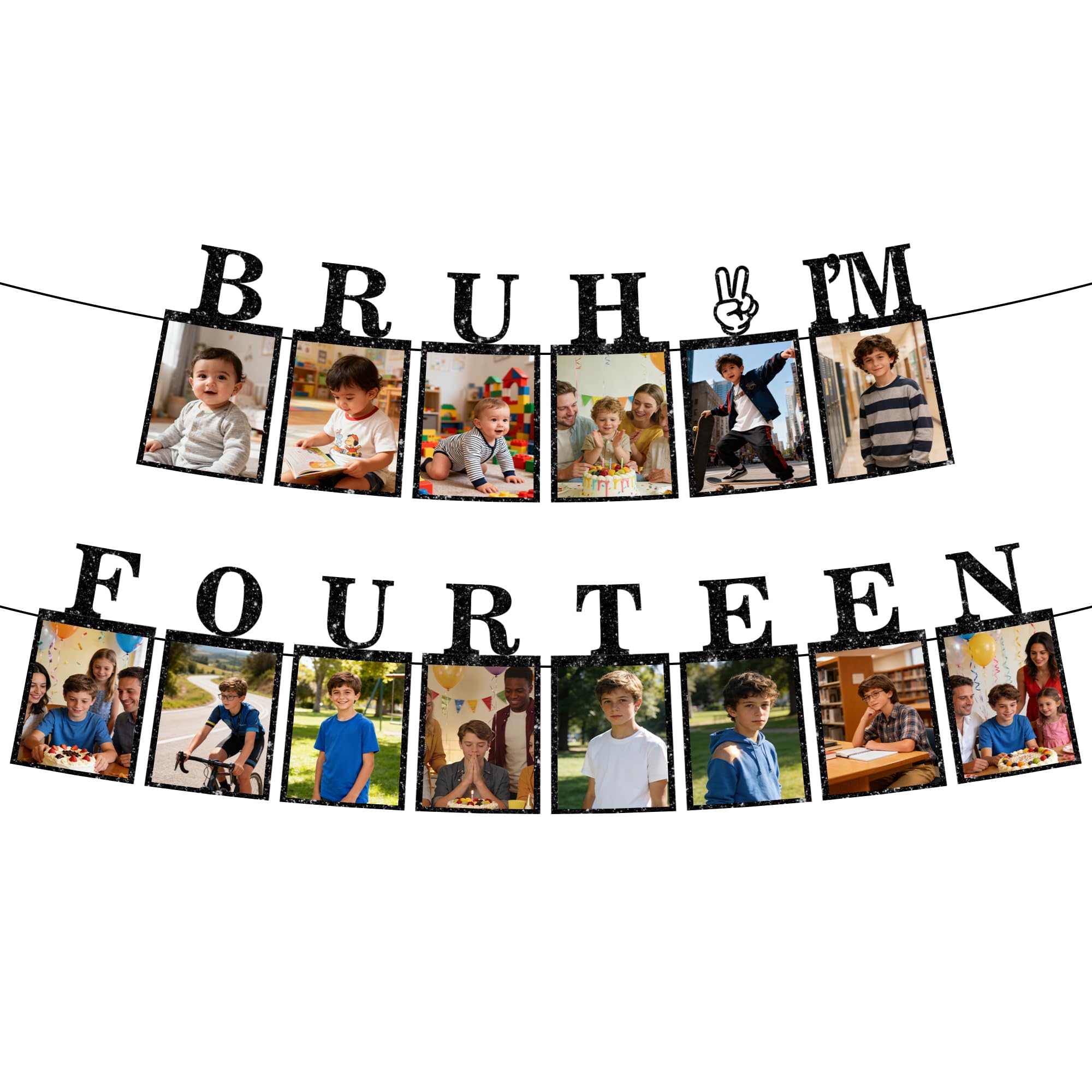 14th Birthday Decorations Photo Banner - Black Boy Hanging BRUH I'M FOURTEEN Banners Picture Decoration Happy 14th Birthday Photo Display Bunting for 14 Years Old Boys Party Wall Decor Supplies