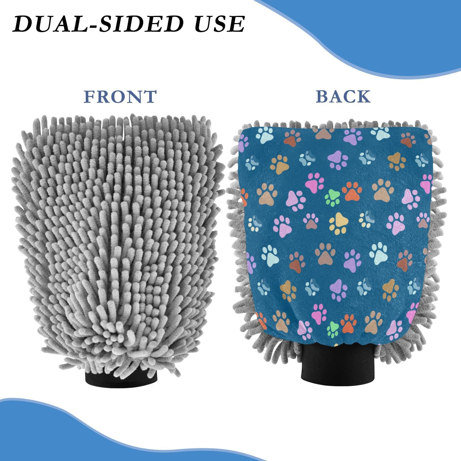 STAYTOP Colorful Paw Prints Car Wash Mitt Microfiber, 2Pcs Scratch Free Lint-Free, Premium Chenille Microfiber Mitt Car Wash Brush-L