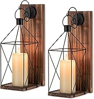 Staymoment Farmhouse Candle Sconces Wall Decor - Set of 2 Rustic Wood & Black Metal Lantern Holders for Living Room, Porch, Yard