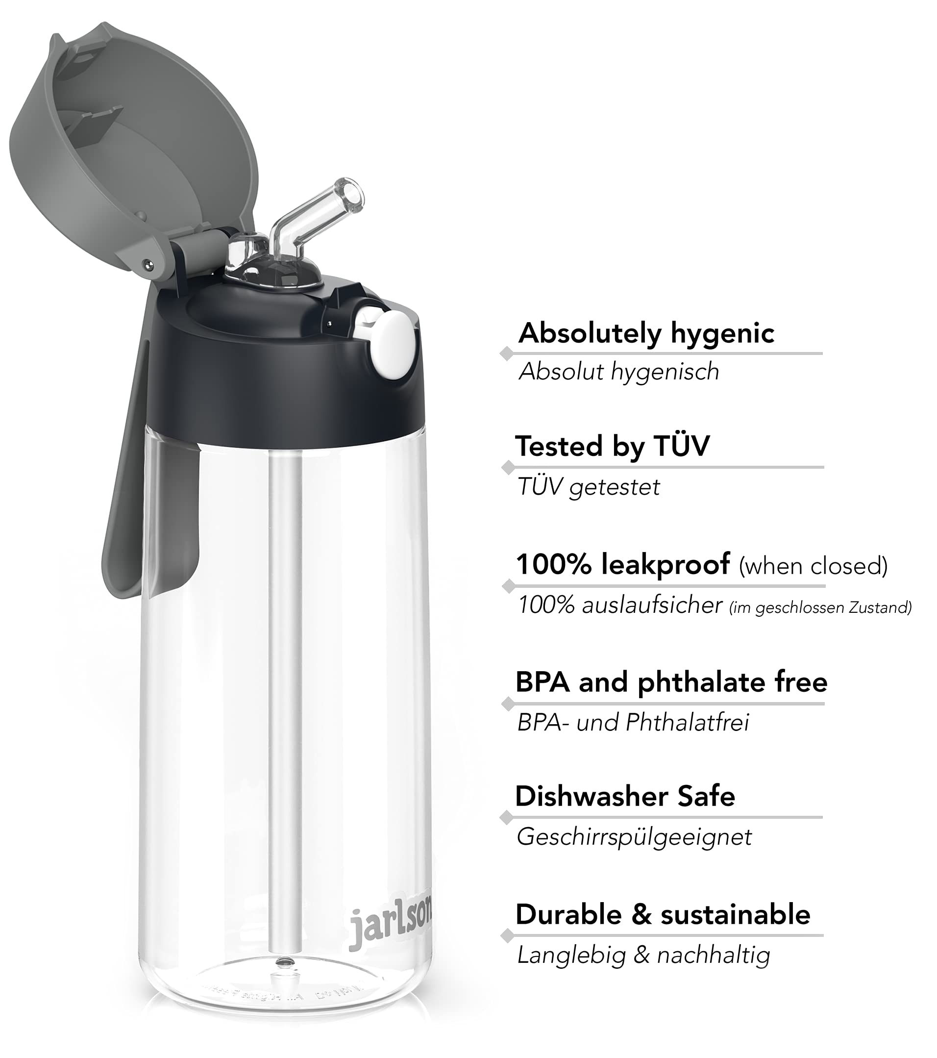 Jarlson® Borraccia Bambini, Bottiglia 500 ml, Senza BPA, Bottiglia Acqua con Cannuccia, per la scuola e l'asilo, realizzato in plastica di alta qualità (nero)