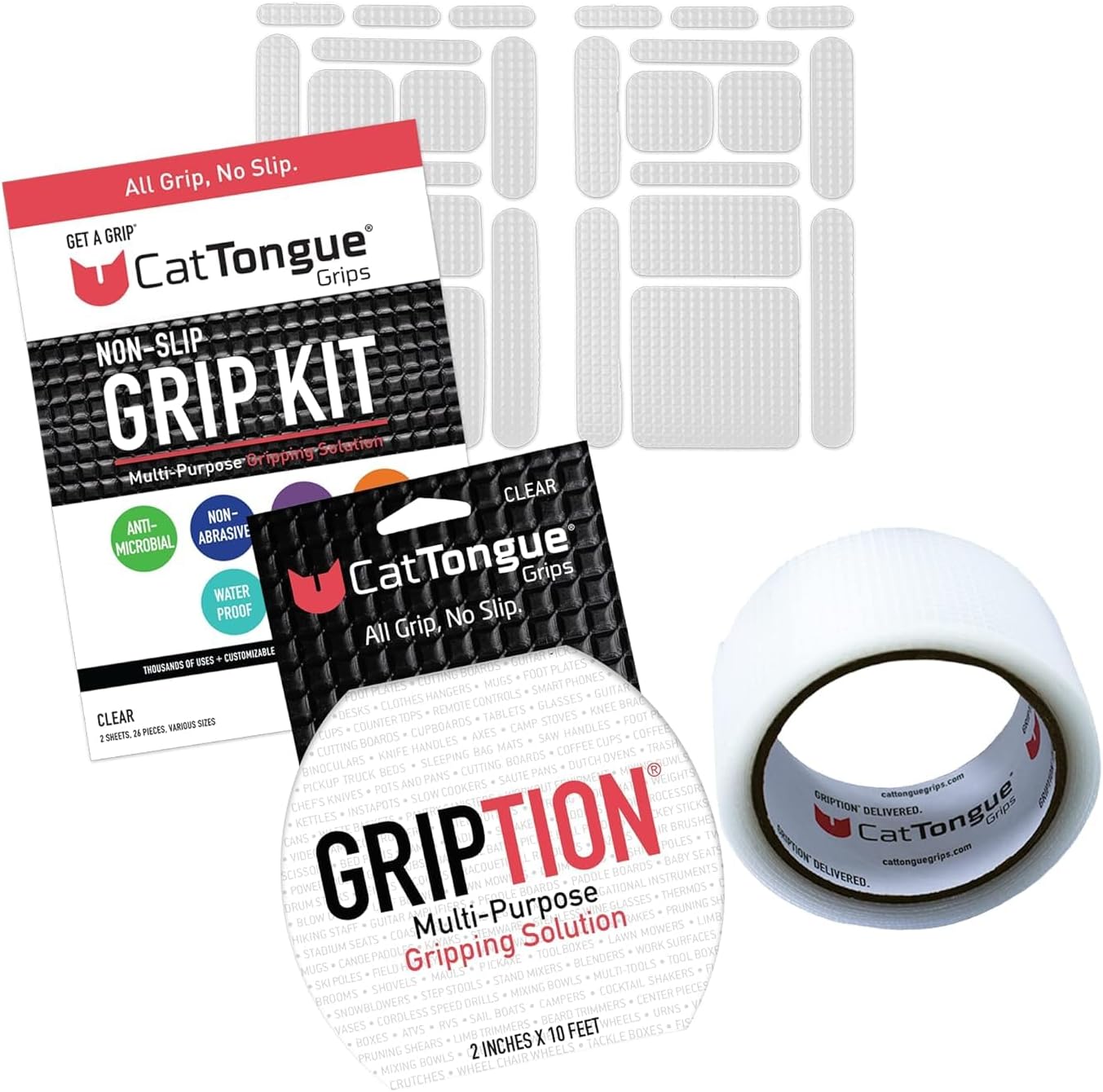 Gription Bundle with Non-Slip Tape and Non Slip Grip Kit by CatTongue โ Durable, Non-Abrasive Grip Tape Roll and 26 Pre-Cut Strips, Customizable for Thousands of Uses (Clear Tape, 27 Pieces)