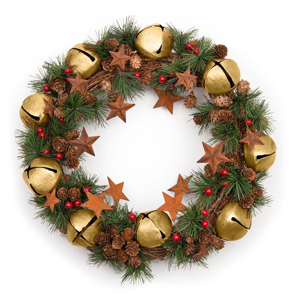 40cm Christmas Wreath with Gold Jingle Bells Stars Pine Cones Berries Leaves for Outdoor Xmas Home Office Mantelpiece Decorations