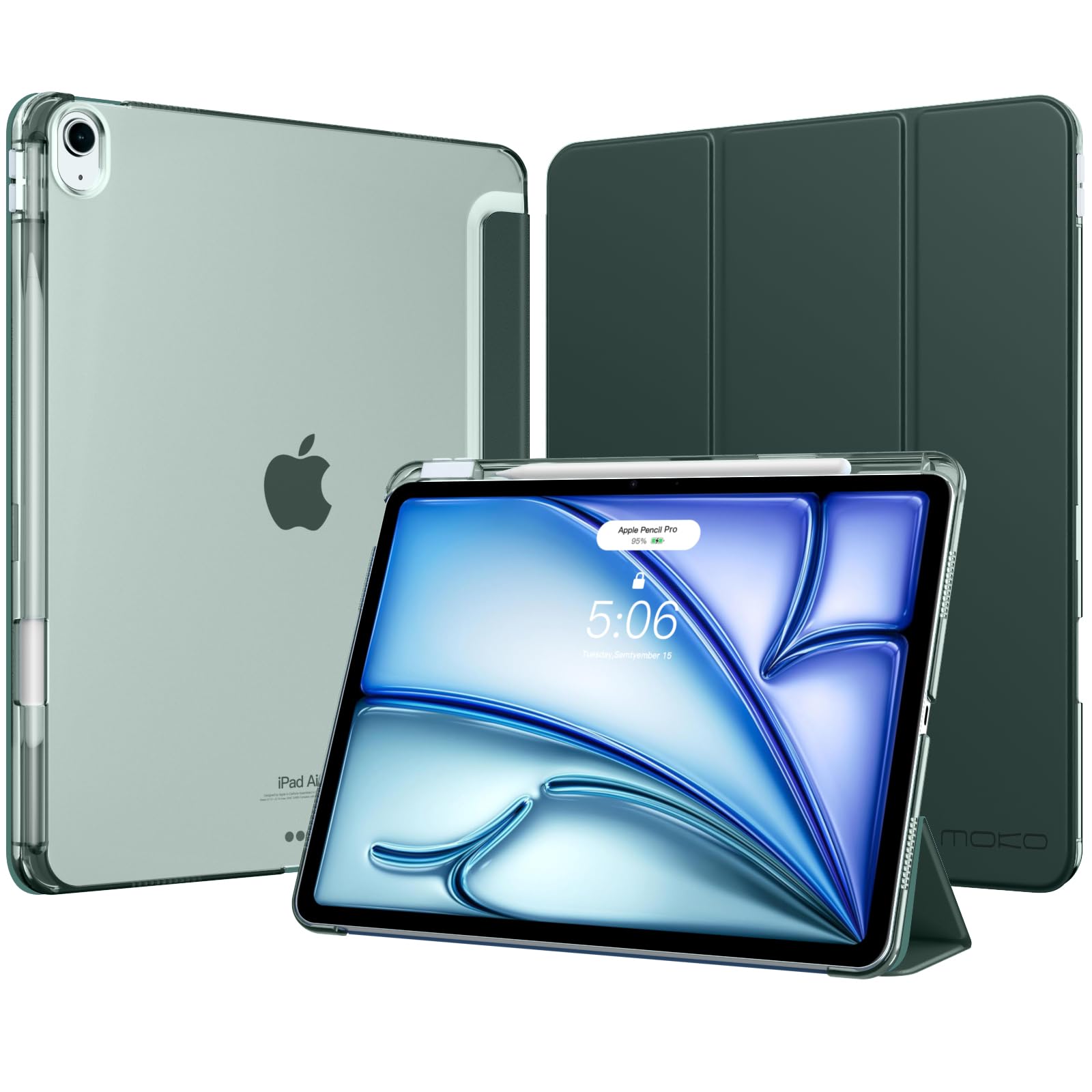 MoKo Hülle für iPad Air 13 Zoll (M4/M3/M2) 2026/2025/2024 mit Stifthalter, Schlank Leicht Trifold Schutzhülle mit Hart PC Transluzenter Rückseite, Auto Schlafen/Aufwachen, Nachtgrün